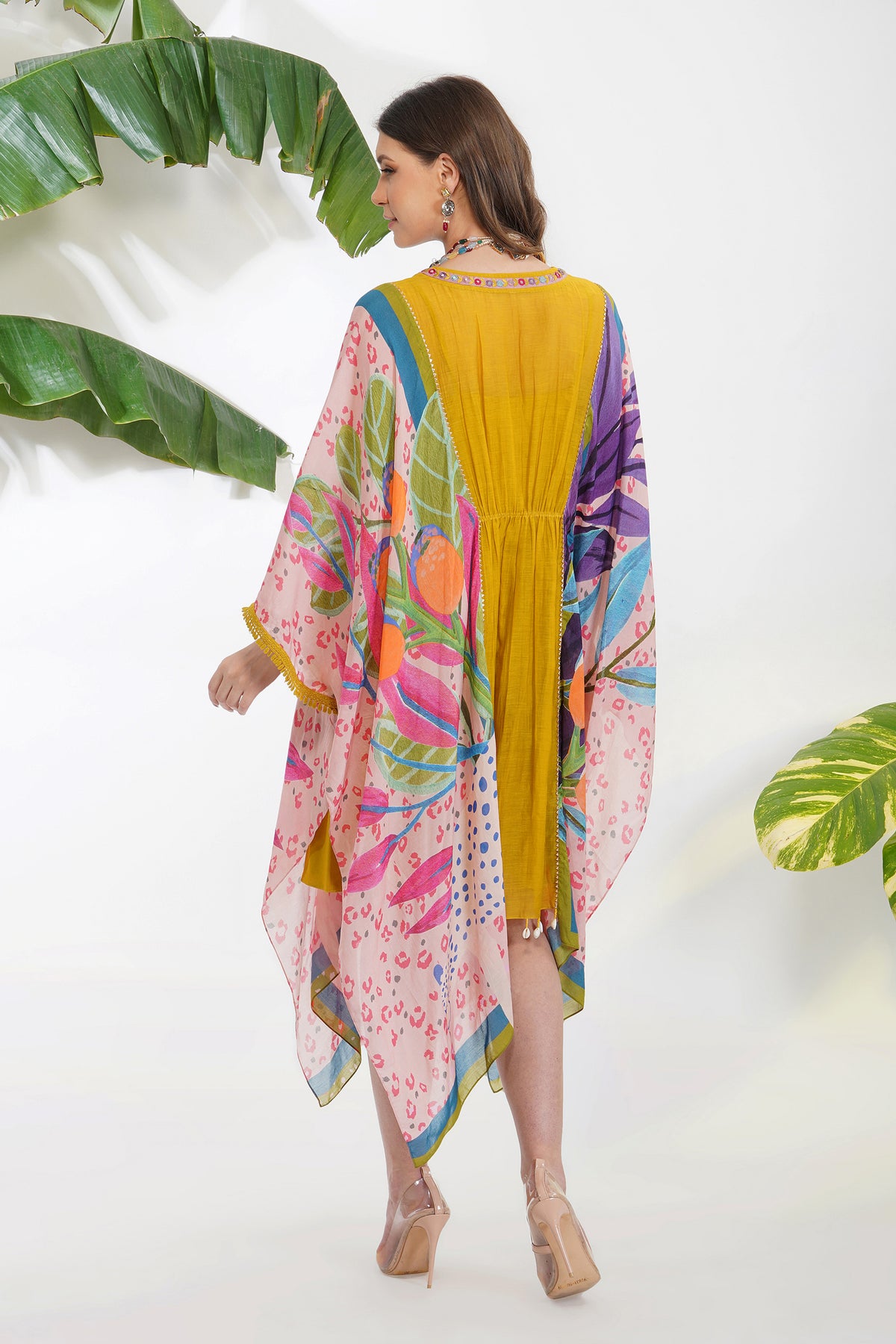 Tropical Leaf Print Yellow Kaftan