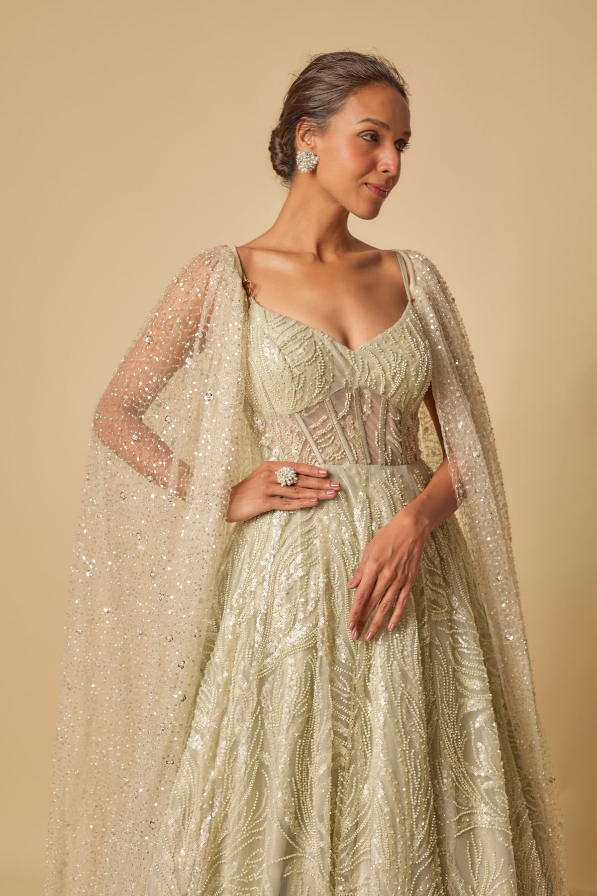 Sage Green Embroidered Gown set