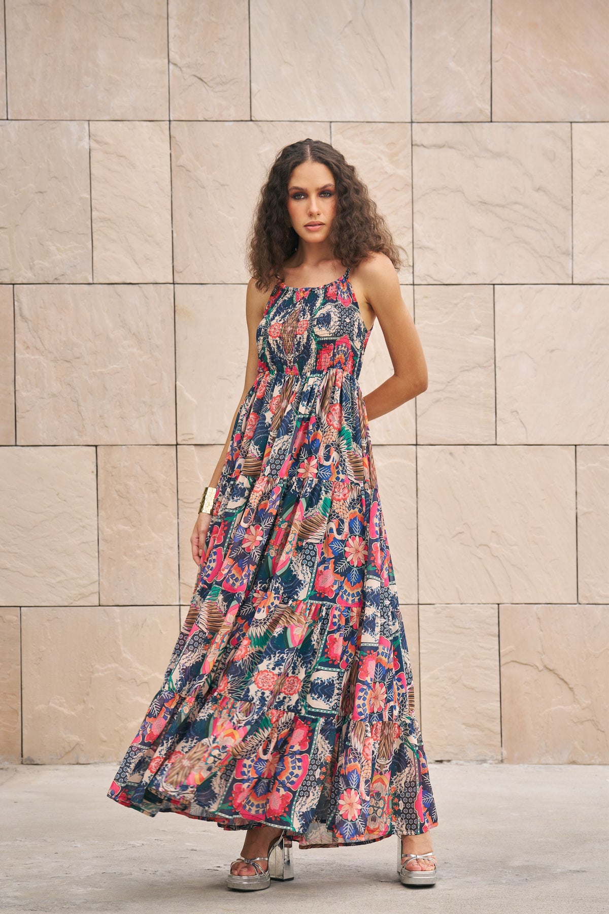 Multicolor Printed Smocking Maxi Dress