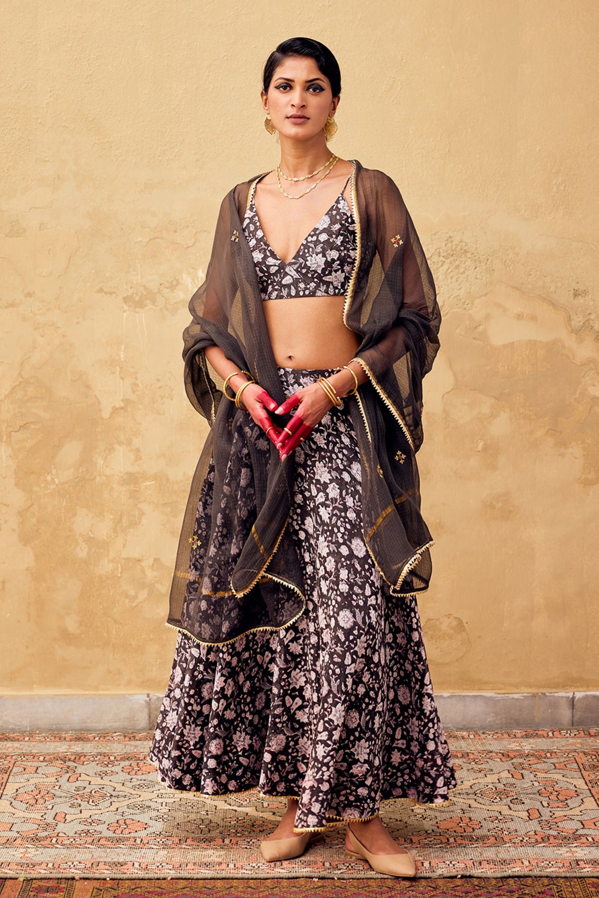 Damak Dupatta in Charcoal Brown