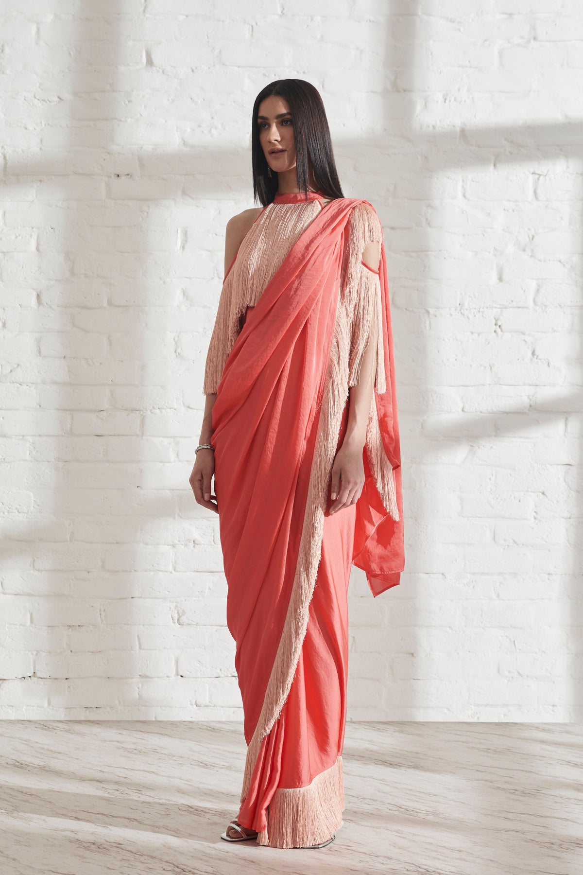 Noor Fringe Blush &amp; Peach Sari