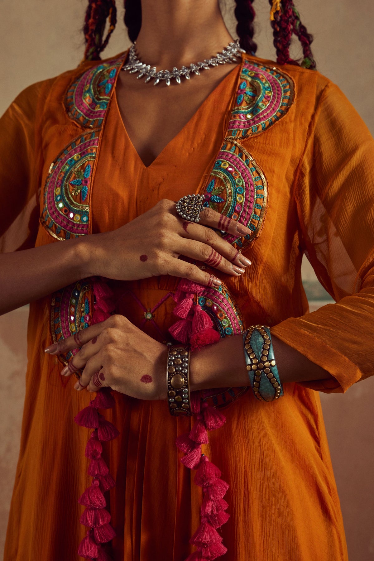 Orange Drape Dress With Cape