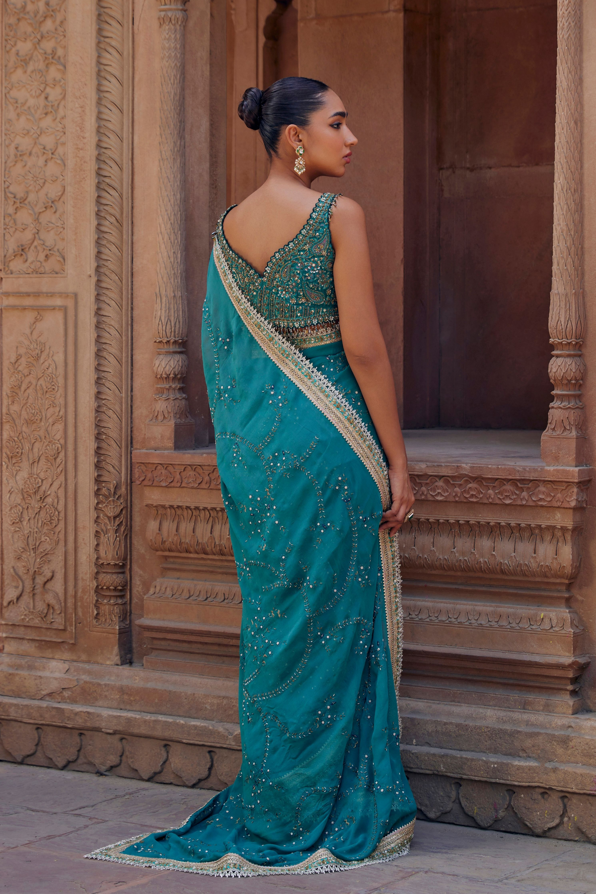 Nandni Turquoise Saree With Handcrafted Jaal