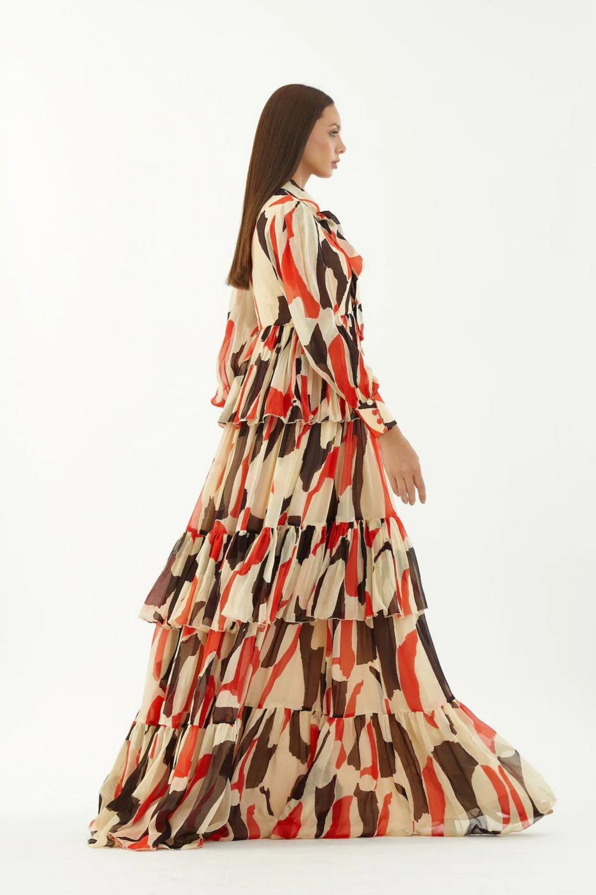 Offwhite, Red And Black Abstract Frill Dress