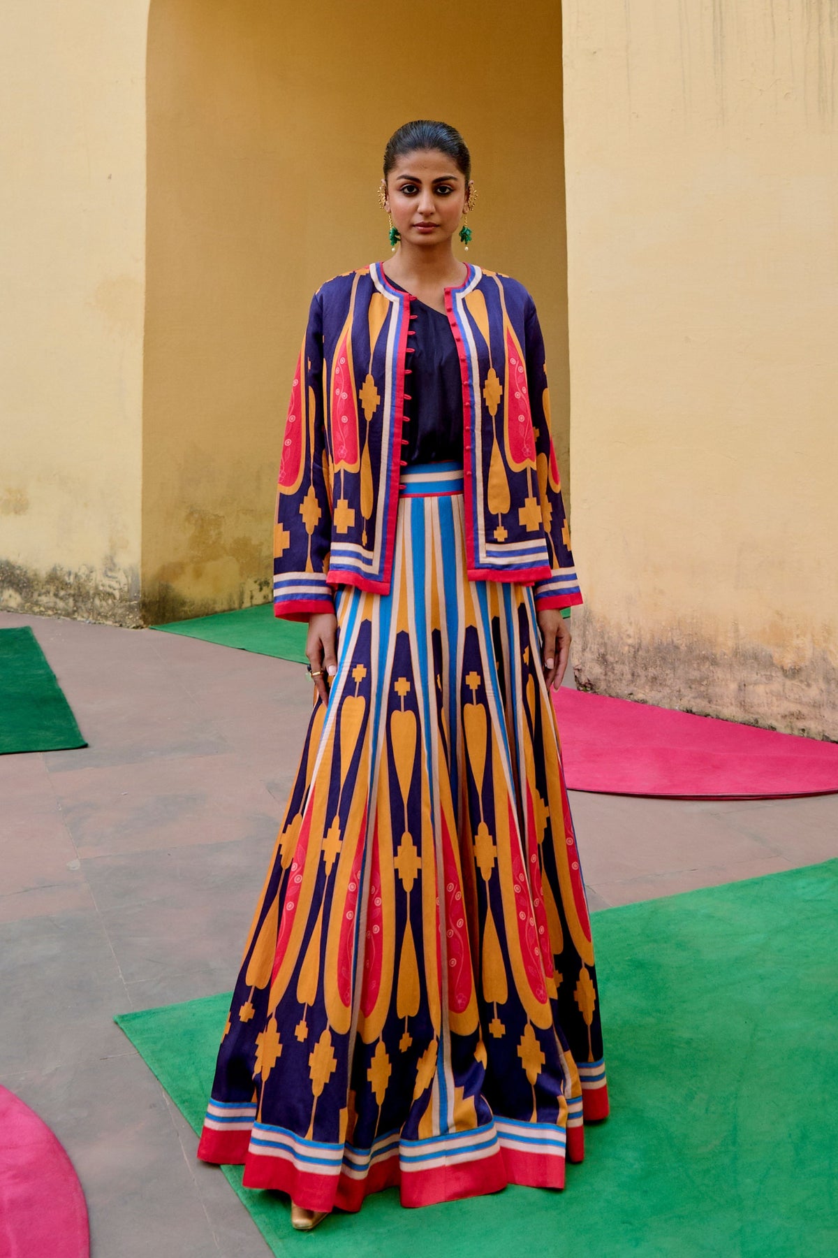 Blue Yellow Kilim Lehenga Set