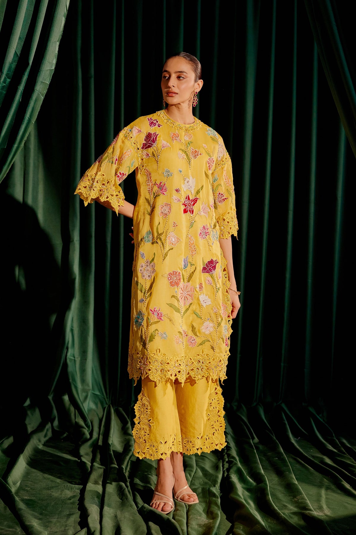 Yellow Floral Applique Kurta Set