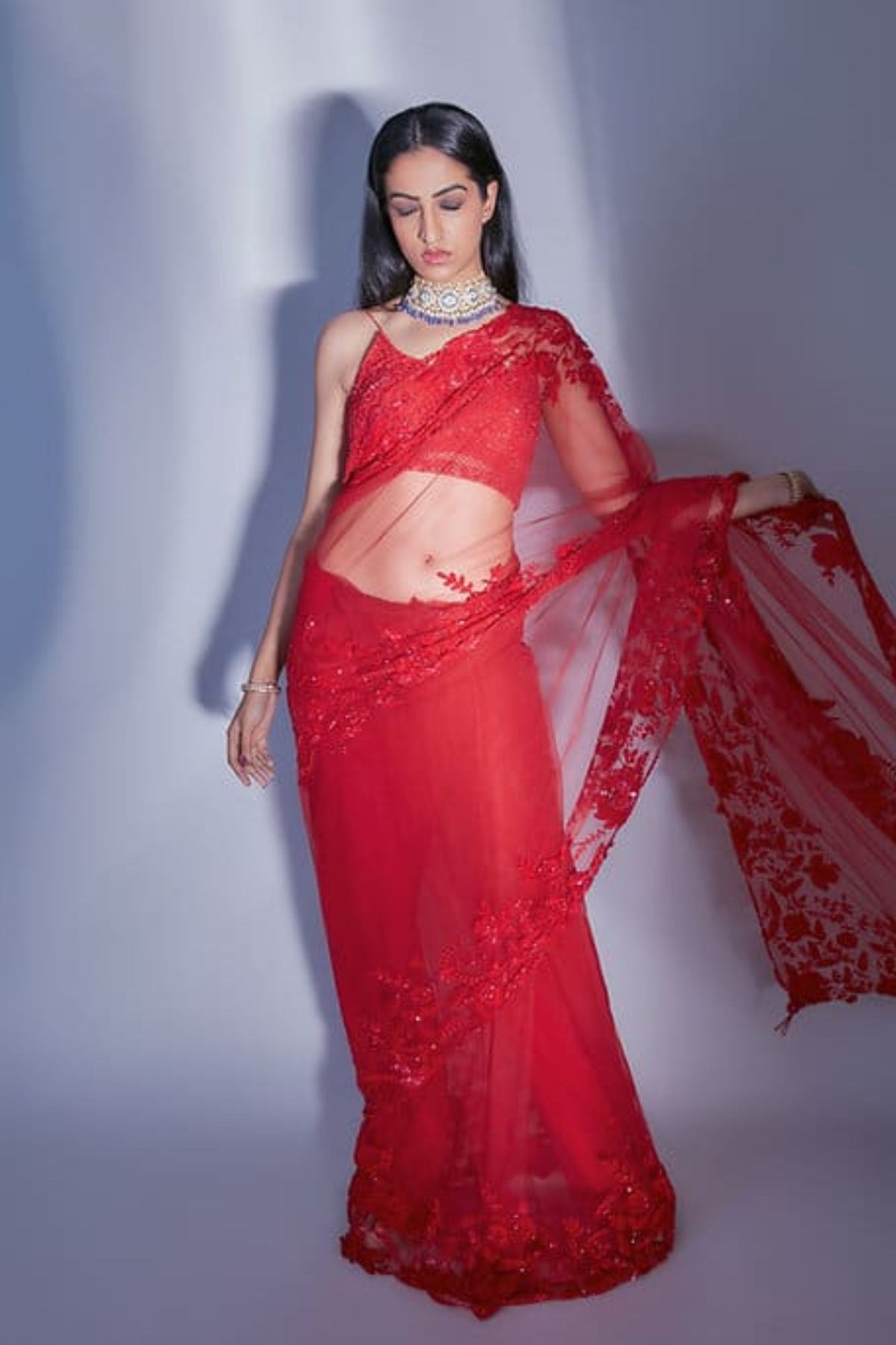 Red Floral Embroidered Saree