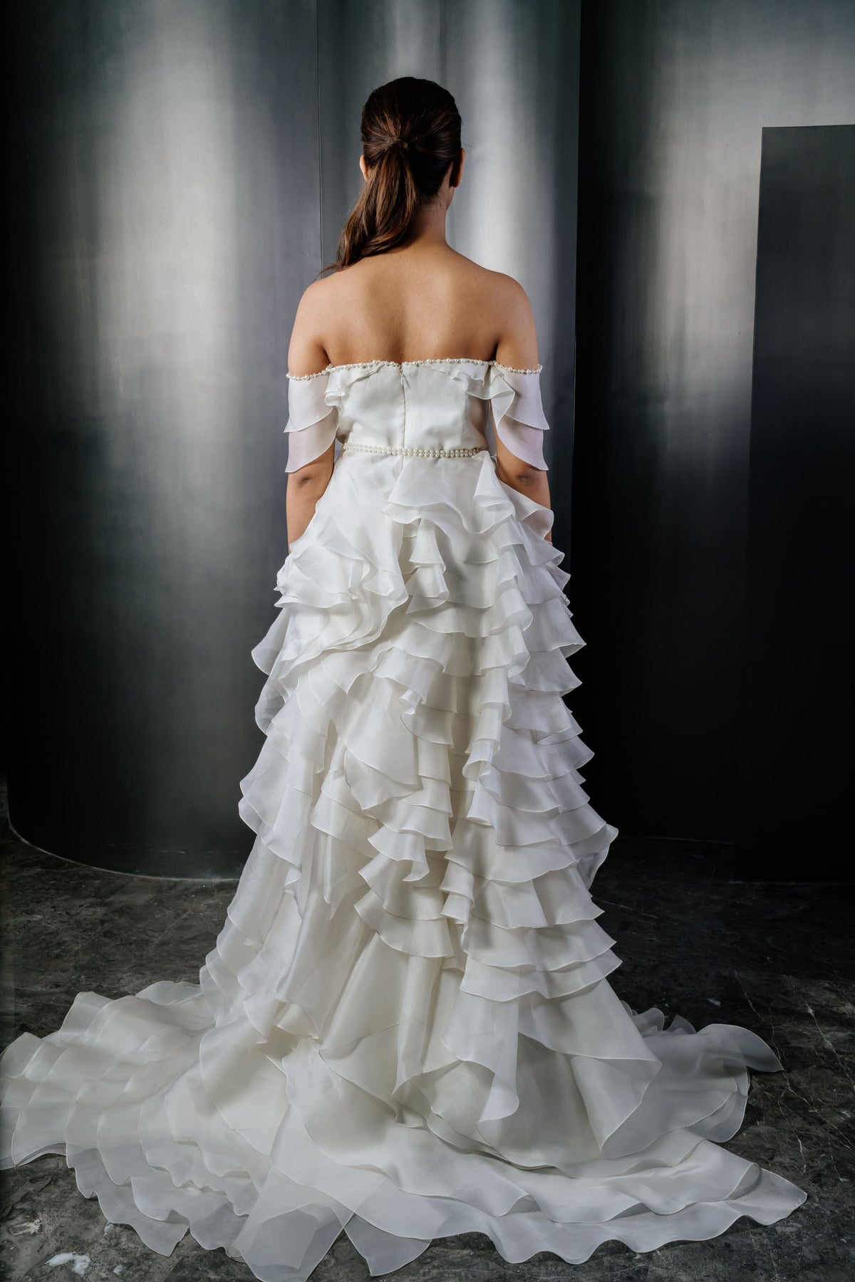 Organza Ruffle Gown With Belt