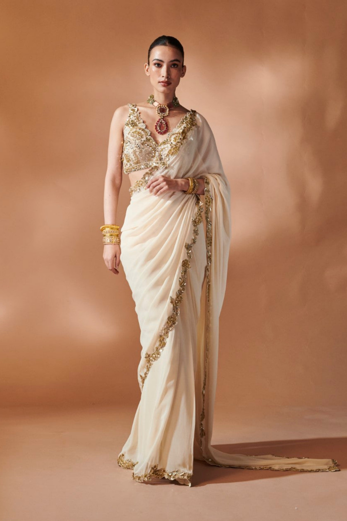 Ivory And Gold Saree Set