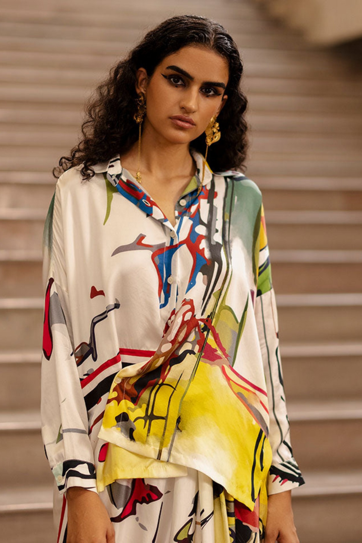 Graphic Print Shirt With Lungi Skirt