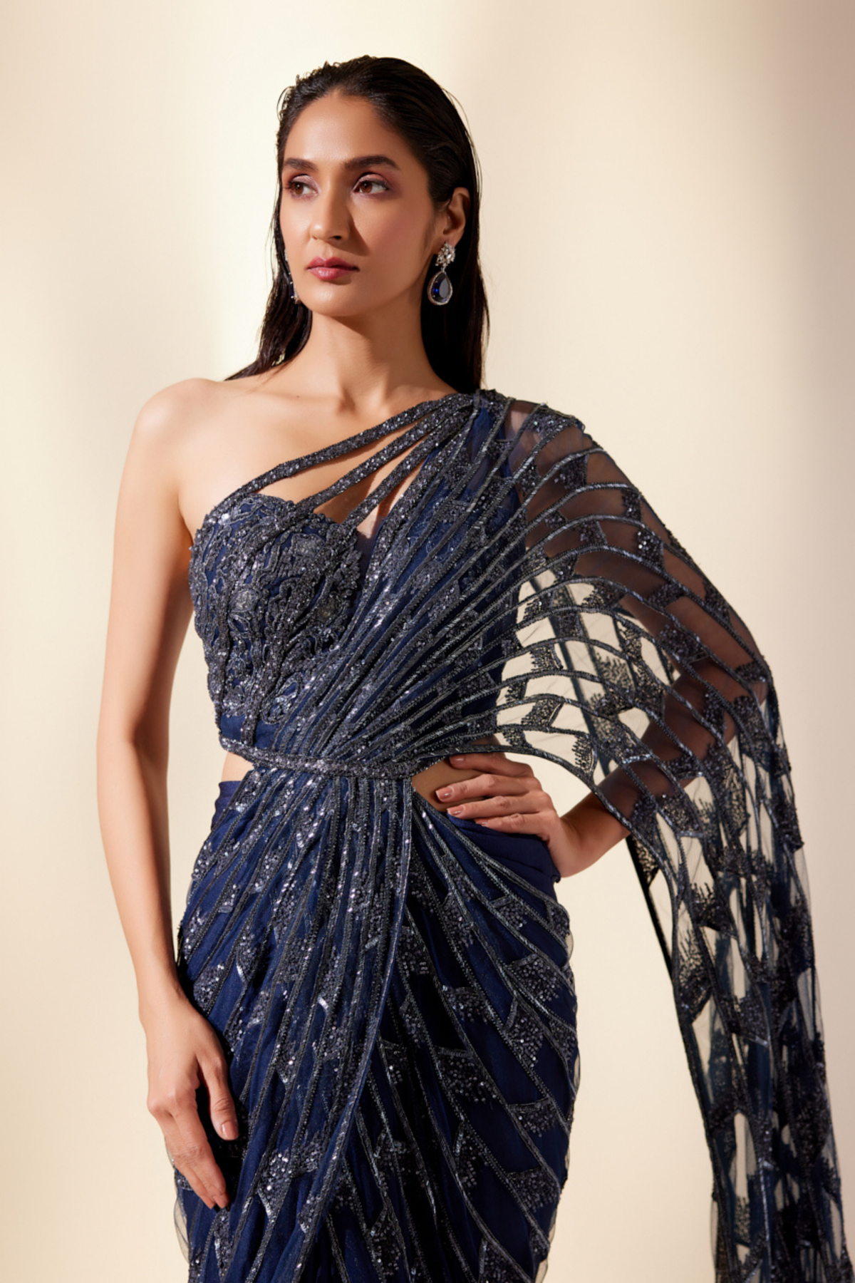 Midnight Blue Draped Drizzle Saree