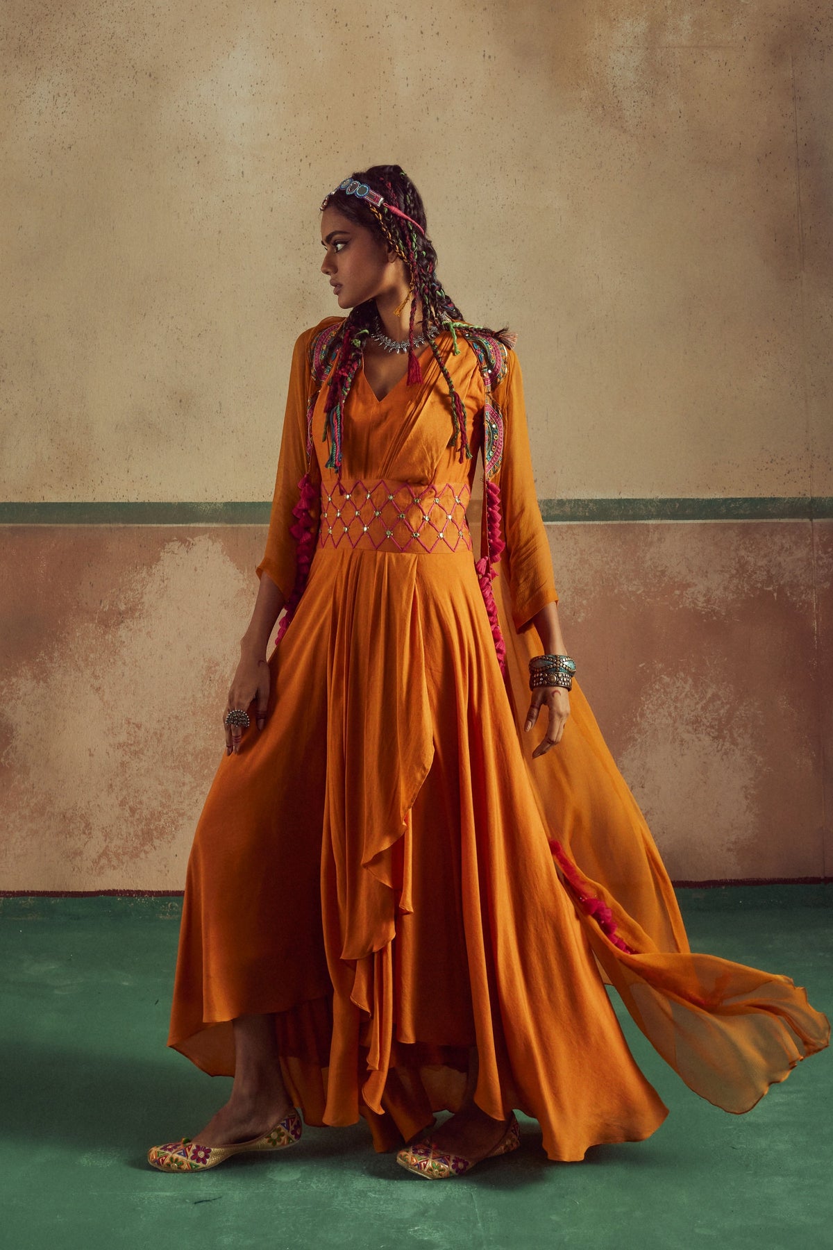 Orange Drape Dress With Cape