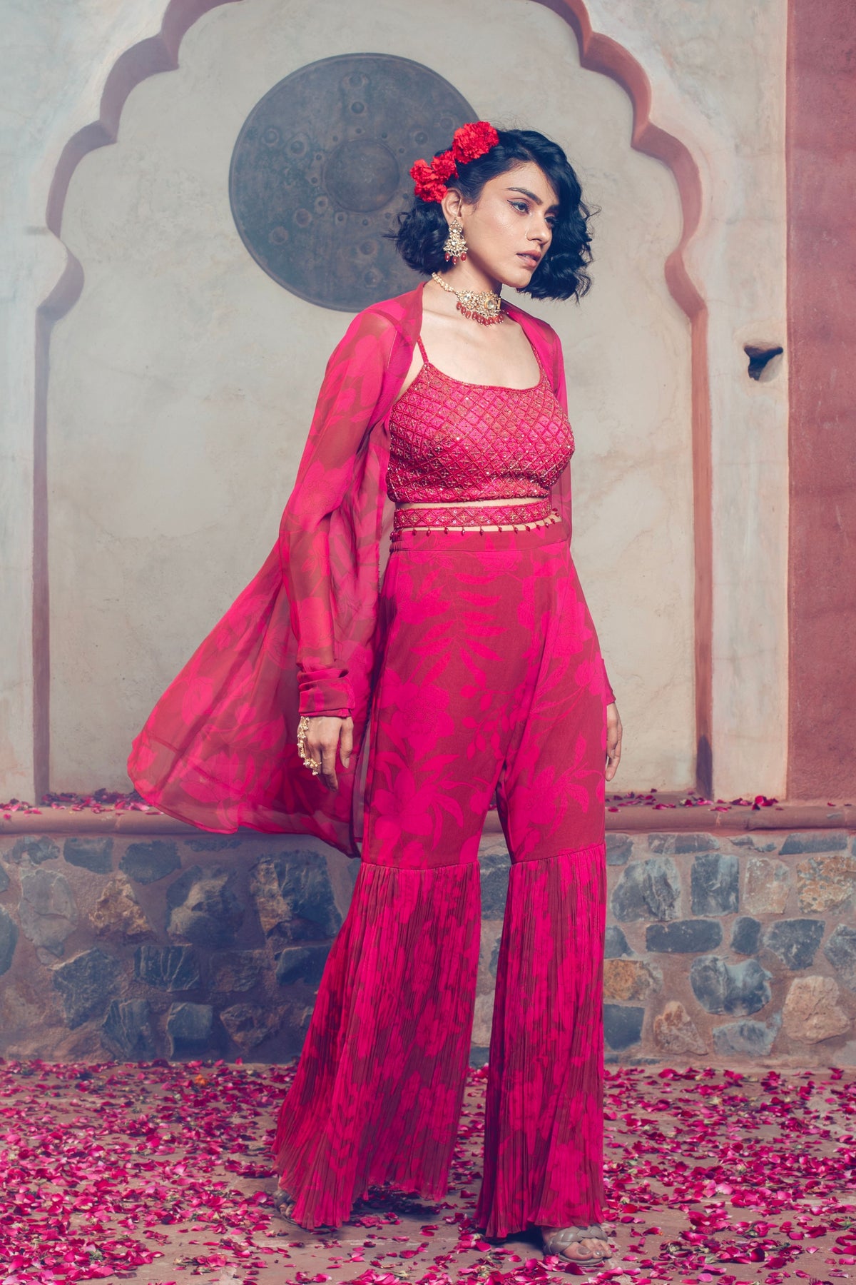 Maroon Embroidered and Printed Garara Set