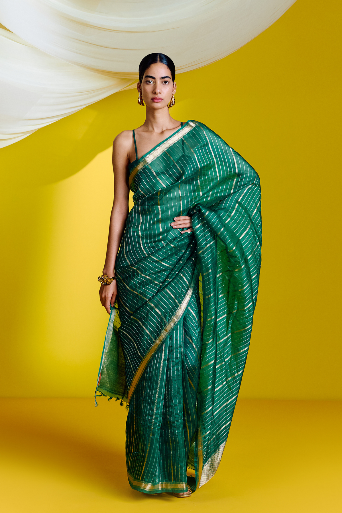 Green Striped Organza Handwoven Saree