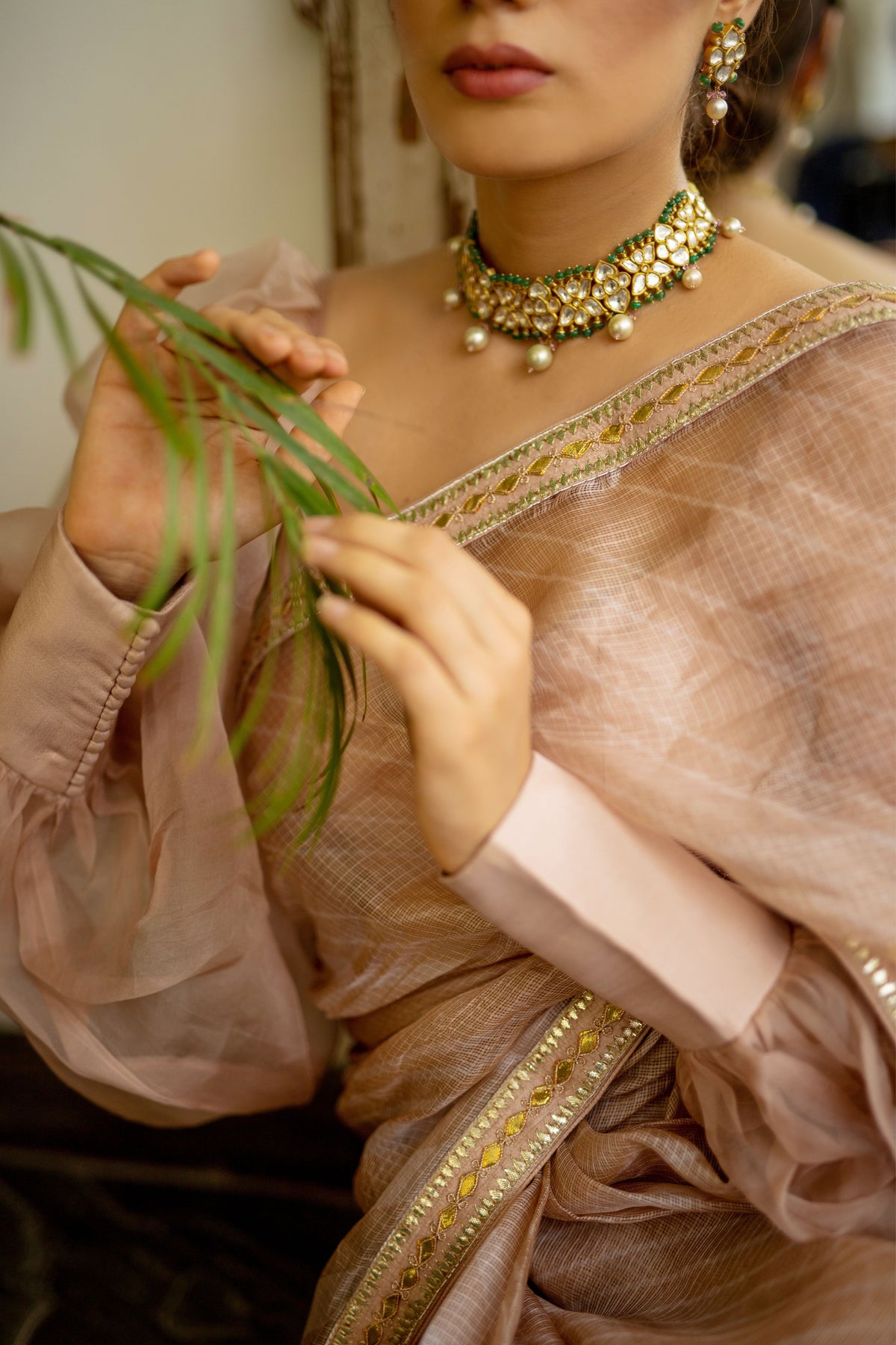 Beige Nude Lahariya Saree Set