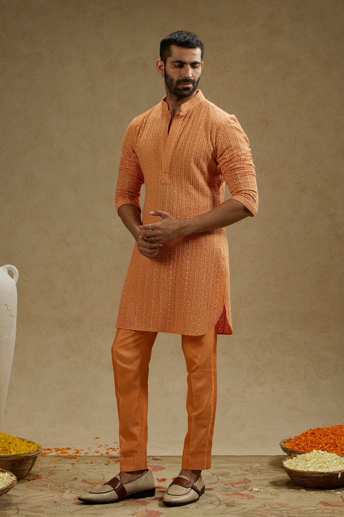 Orange Metal Embellished Lucknowi Kurta