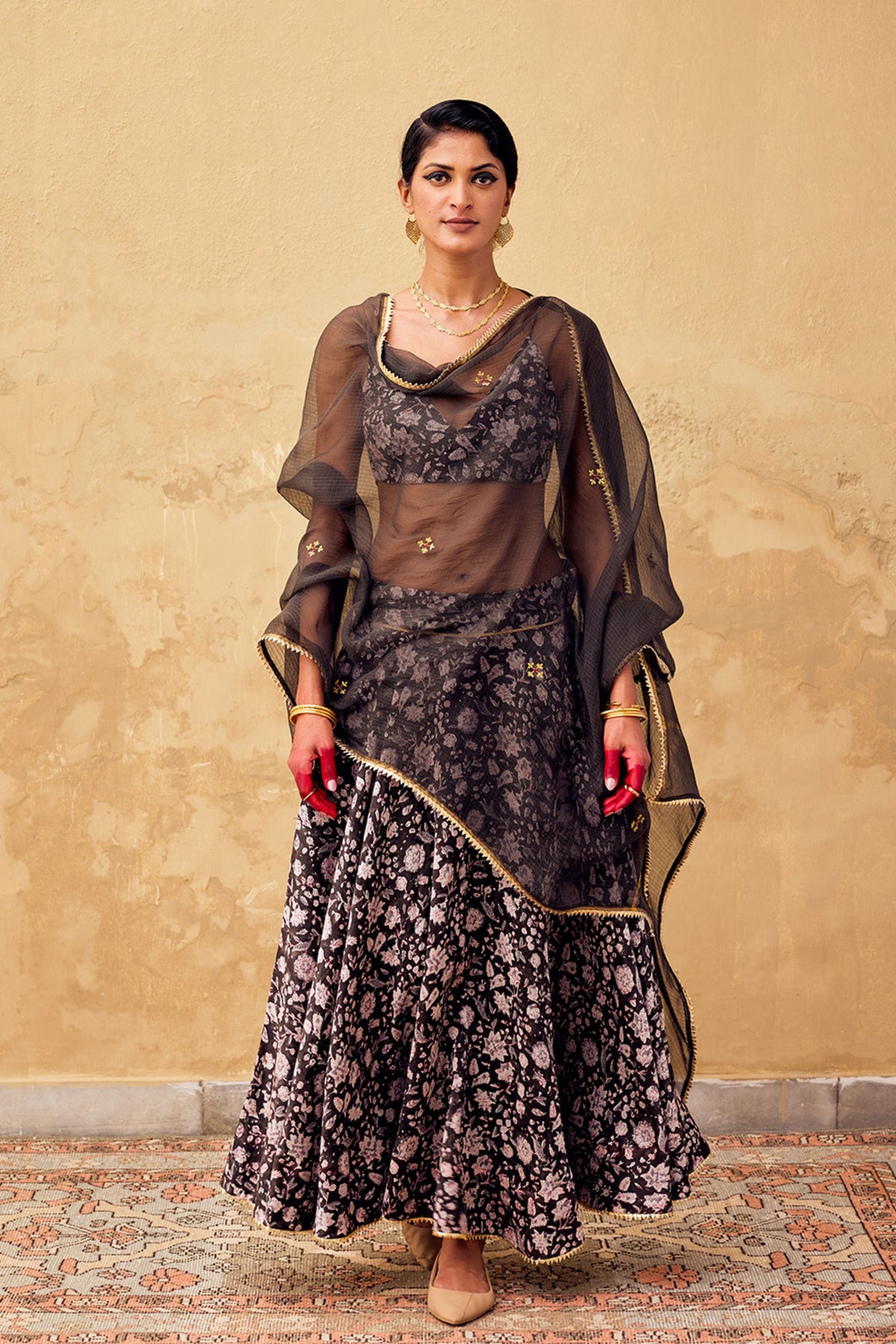 Damak Sharara Set in Charcoal