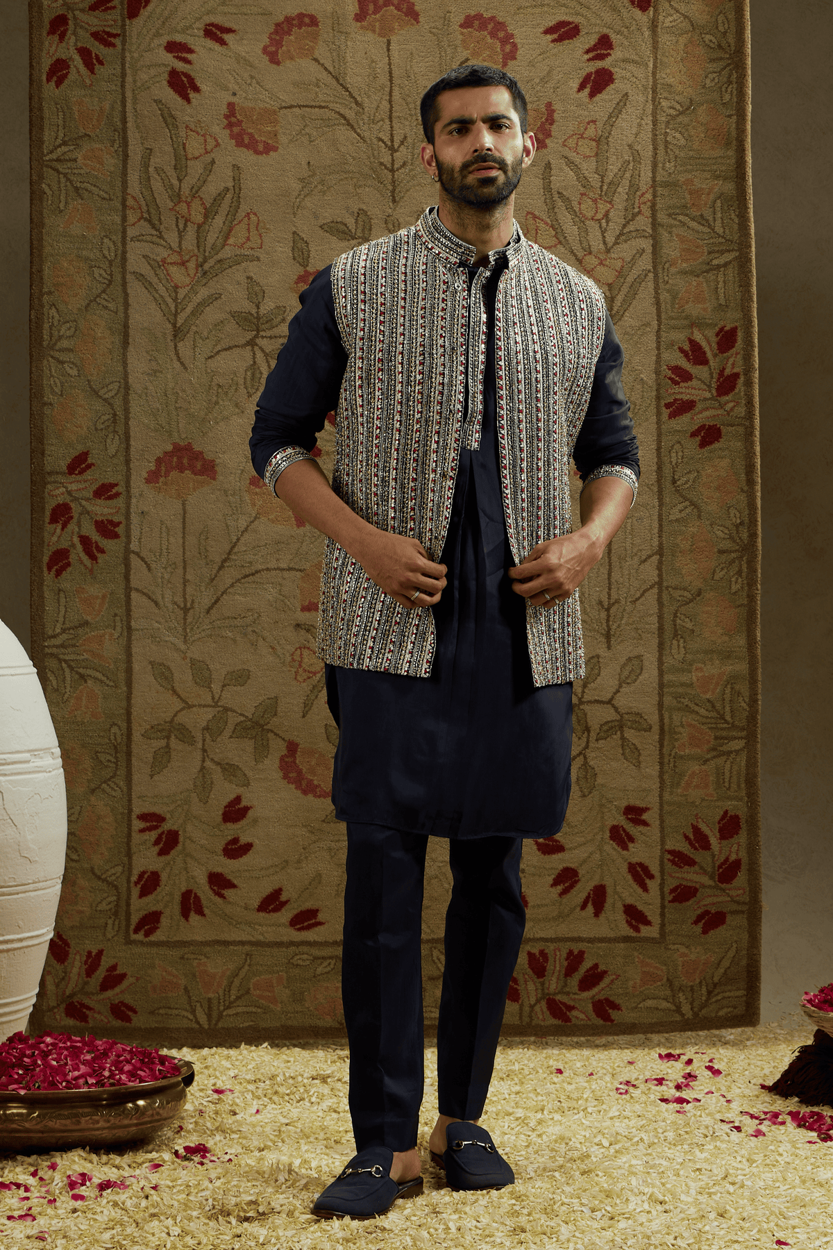 Midnight Blue Border Embellished Bundi