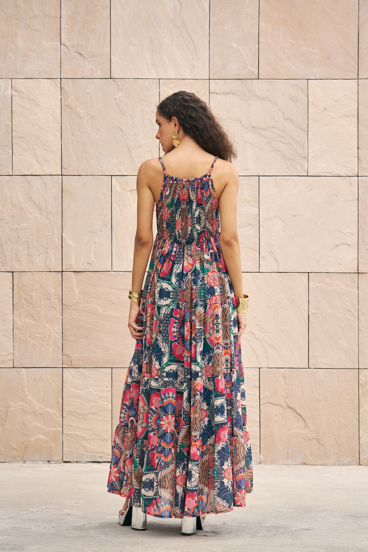 Multicolor Printed Smocking Maxi Dress