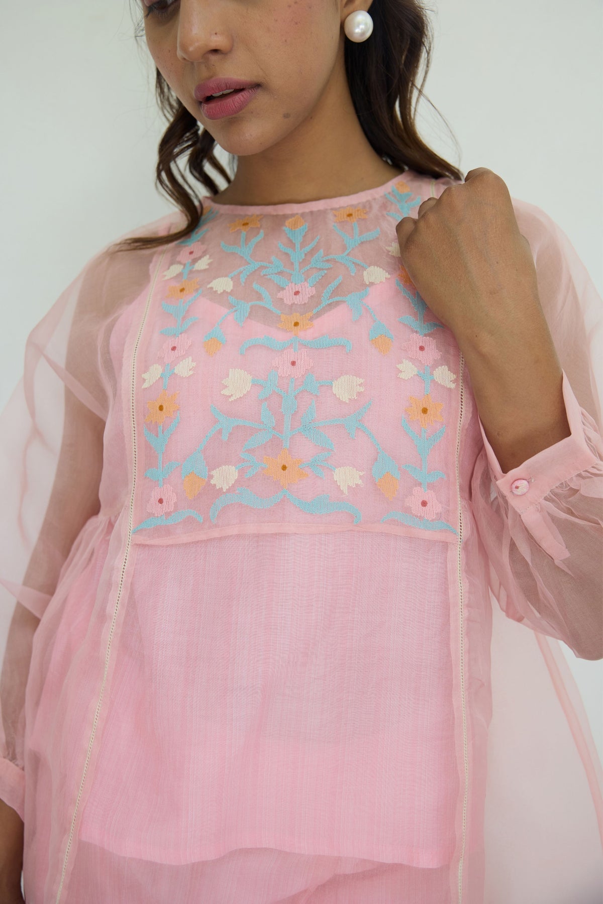 Embroidered Pink Silk Organza Top