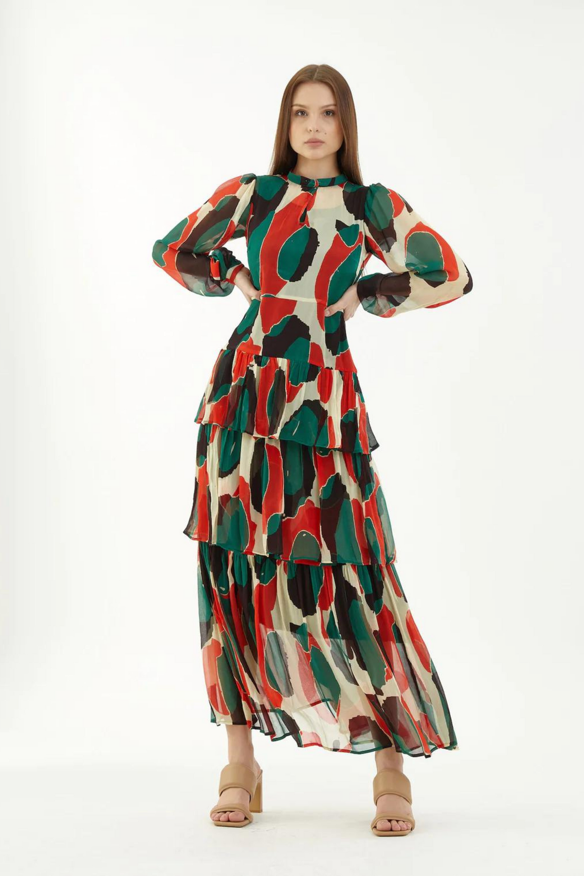 Offwhite, Green, Black And Red Abstract Frill Dress