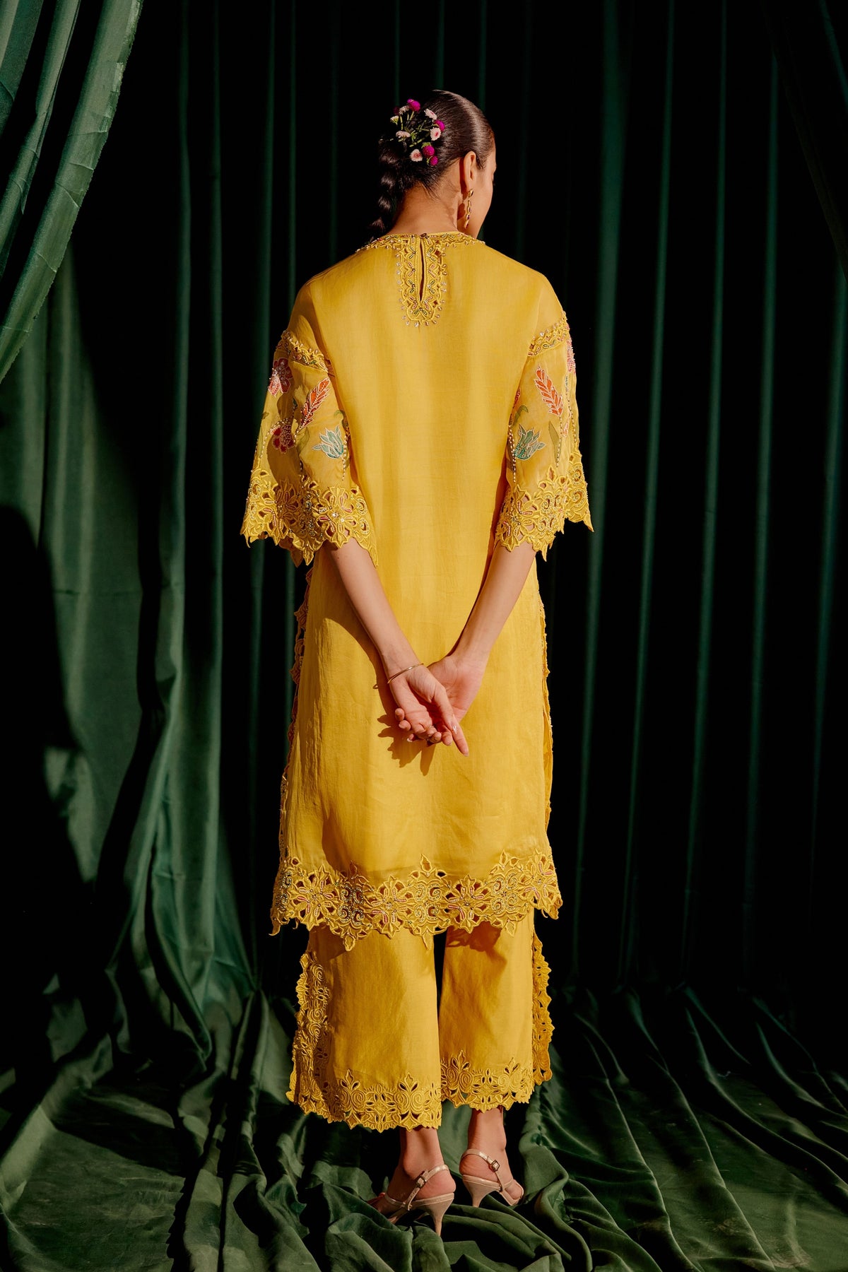 Yellow Floral Applique Kurta Set