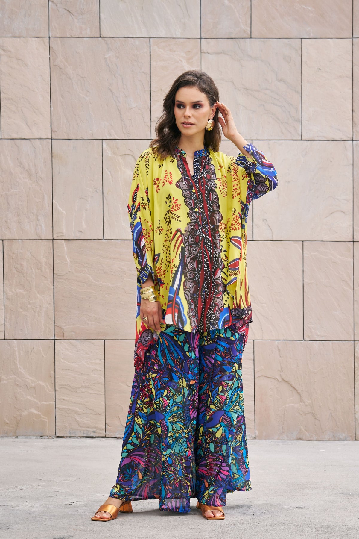 Printed Long Top With Wide Leg Pants