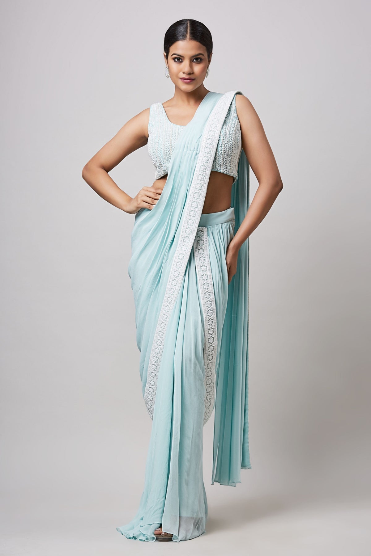 Sea Green Pre Drape Saree