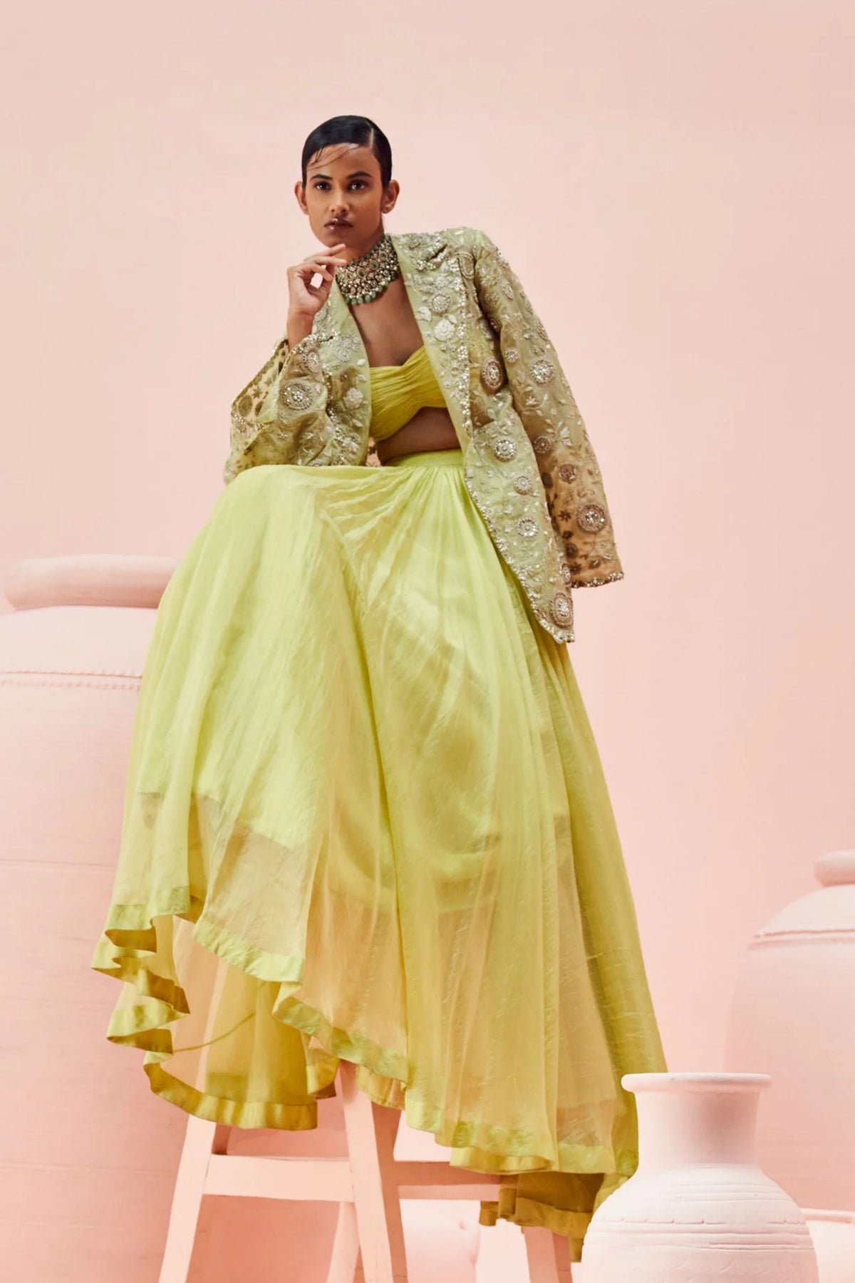 Lime Green Lehenga With Embroidered Jacket Set