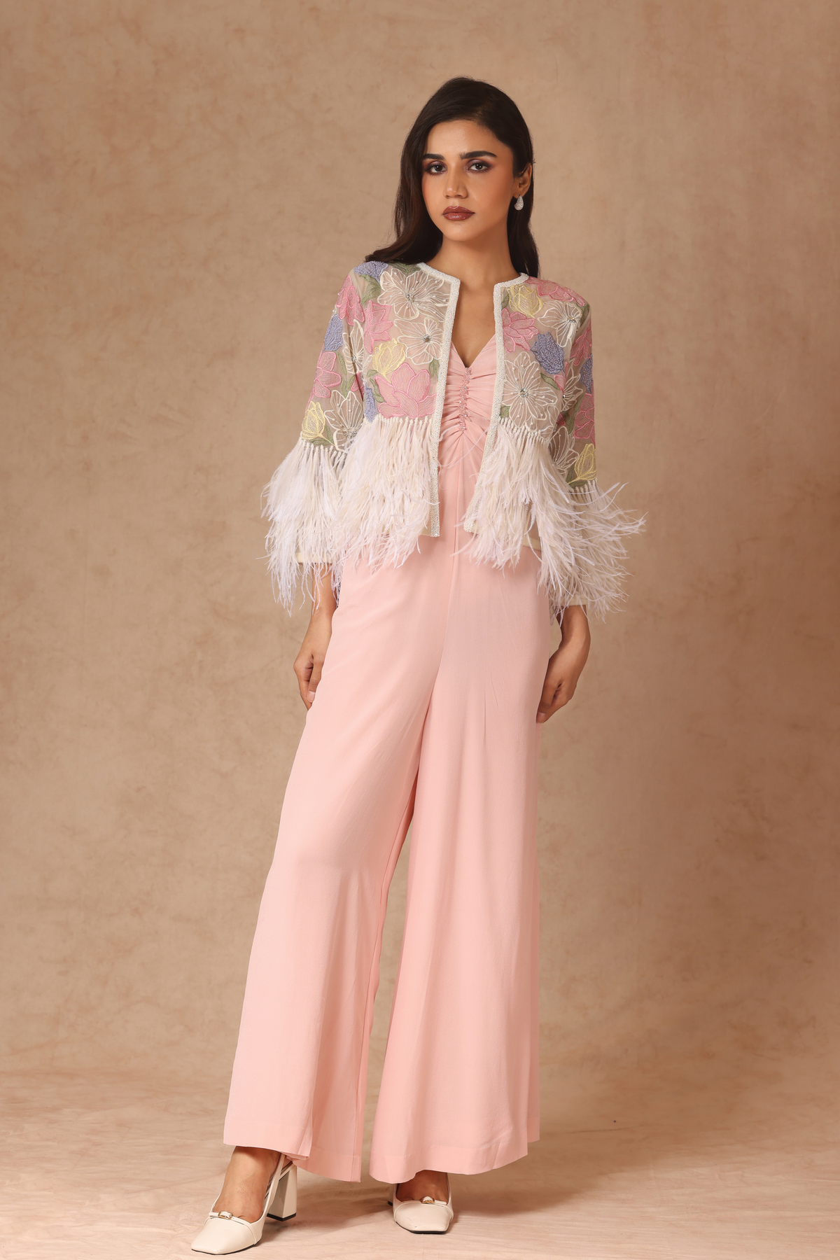 Embroidered Feather Jacket With Cropped Jumpsuit