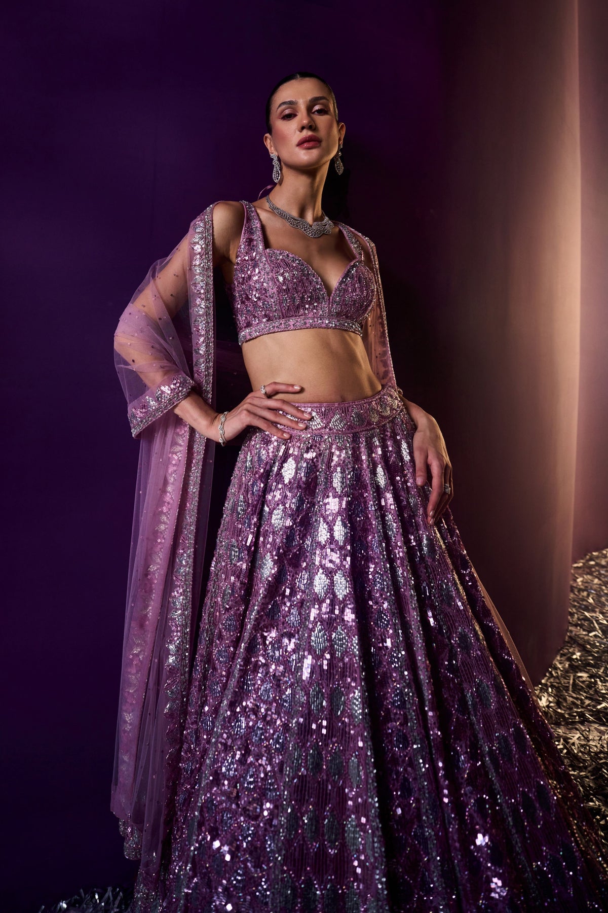 Periwinkle Organza Crystals Lehenga Set