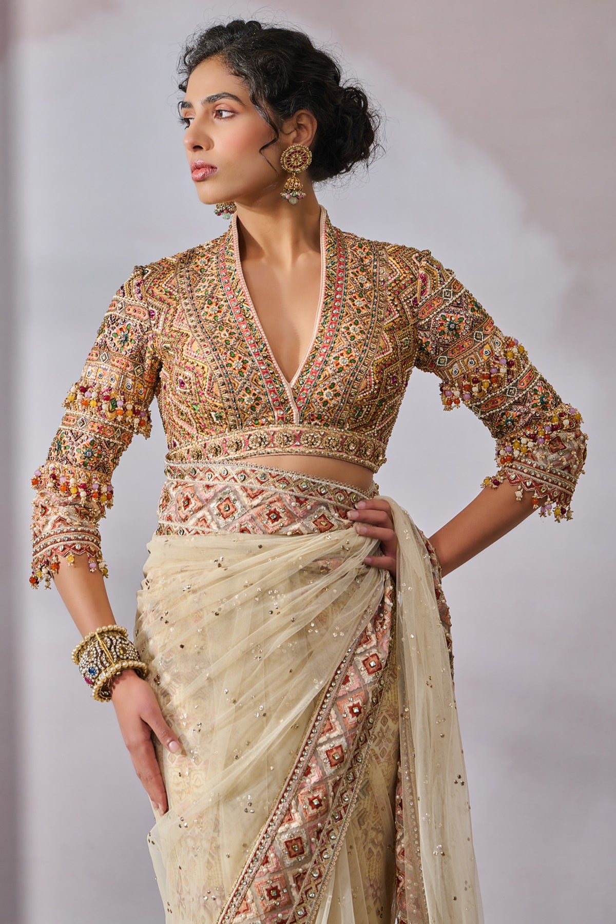 Phulkari Inspired Embellished Saree With Blouse