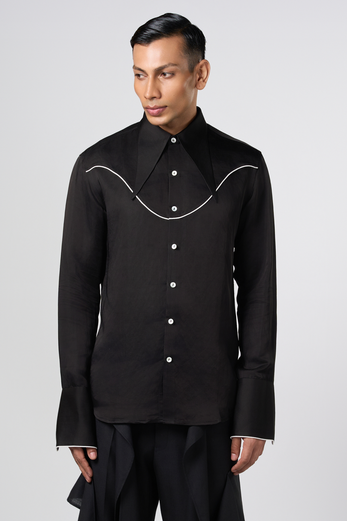 Tie up Collar Black Shirt