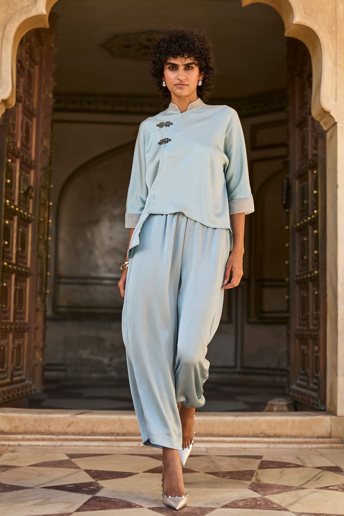 Powder Blue Crinkle Satin Co-ord Set