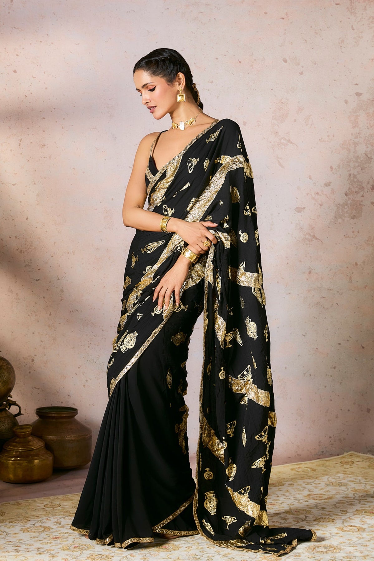 Black Potters Touch Gota Saree