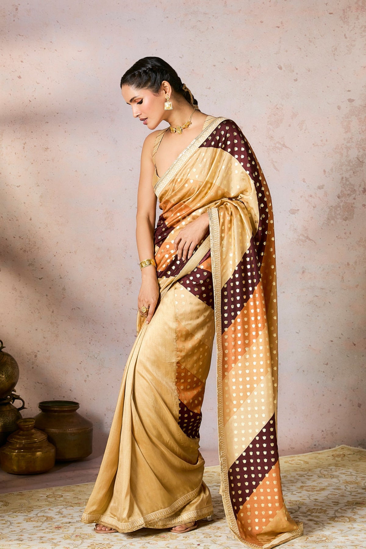 Beige Stripe Foil Saree