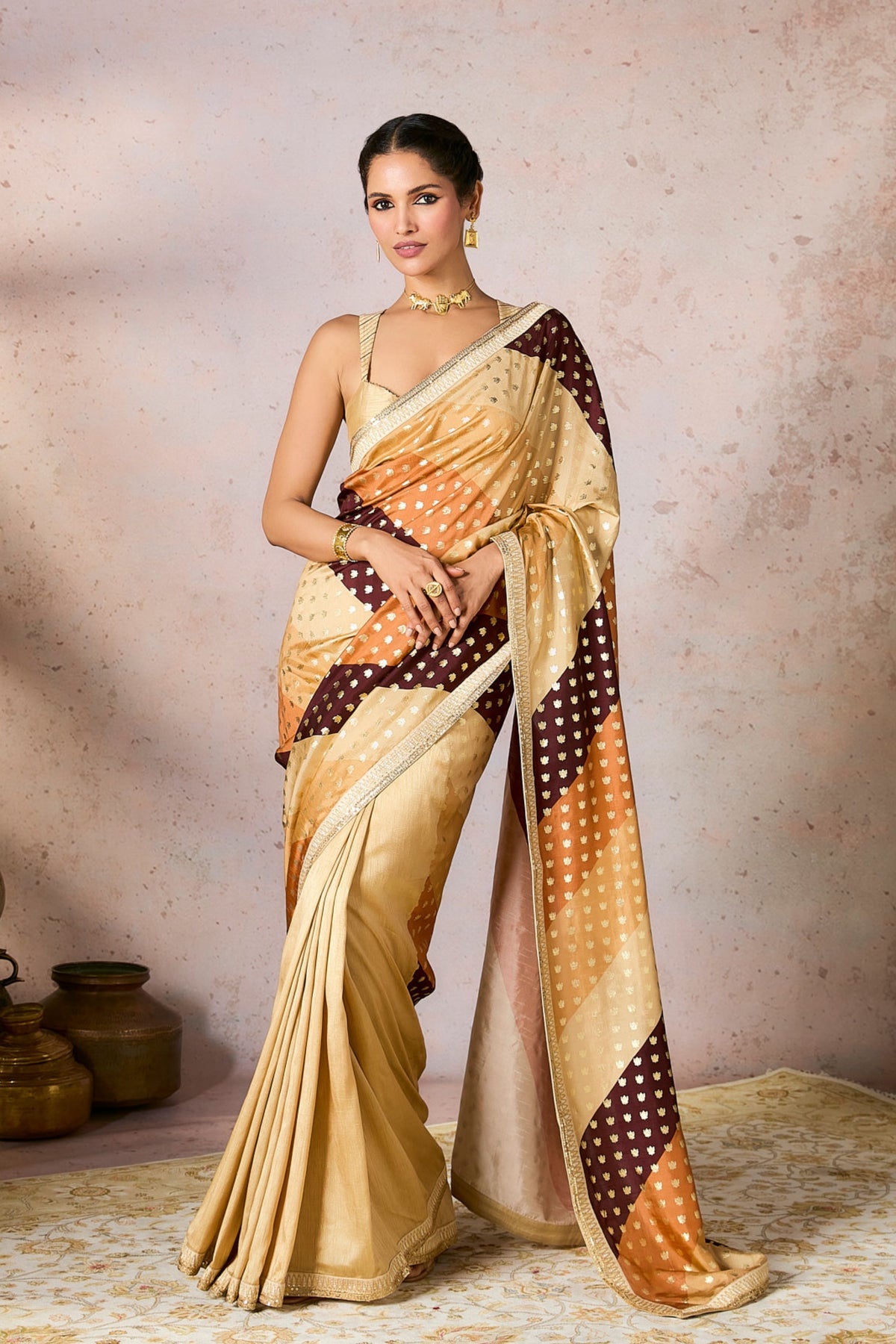 Beige Stripe Foil Saree