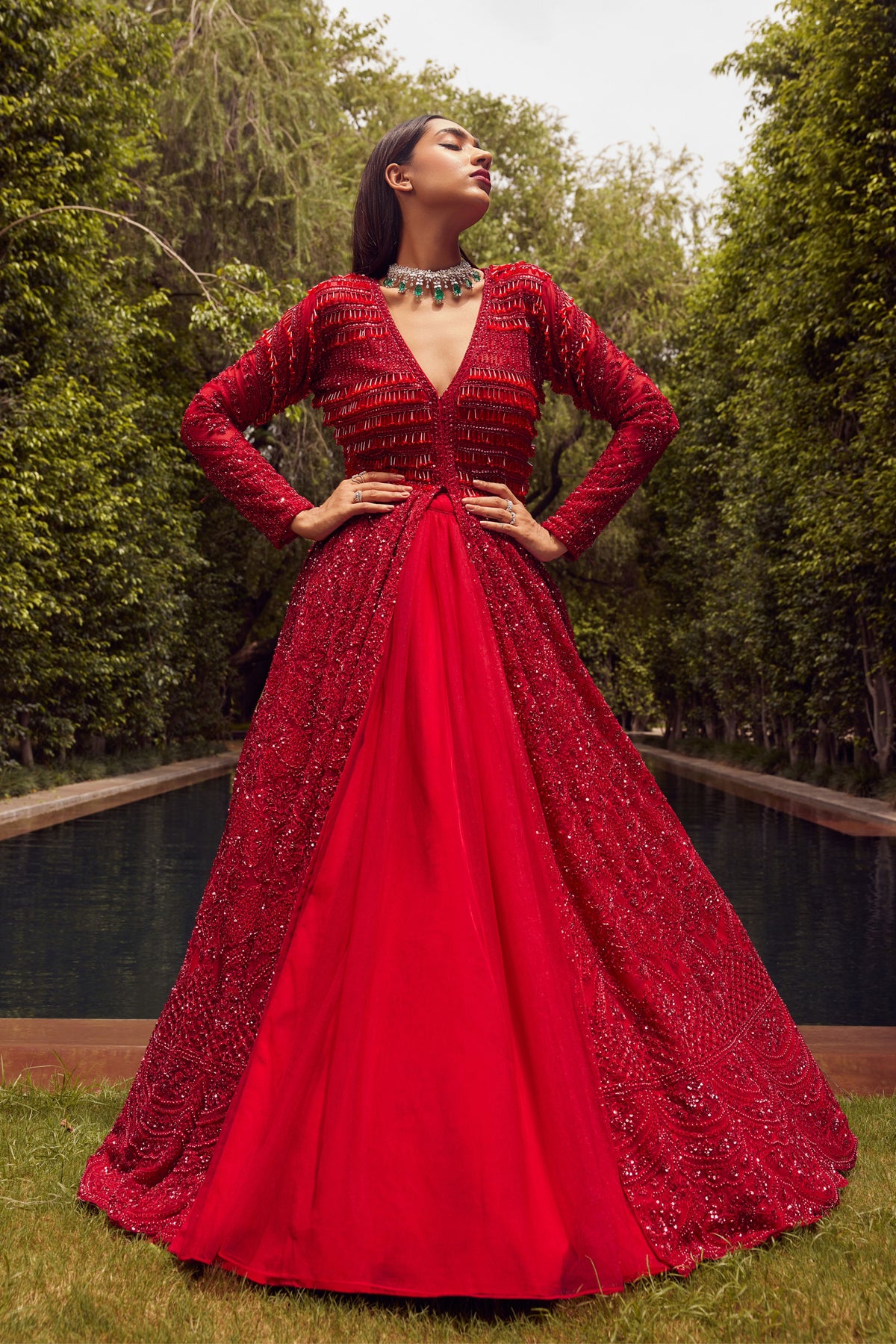 Red Jacket Gown With Net Skirt