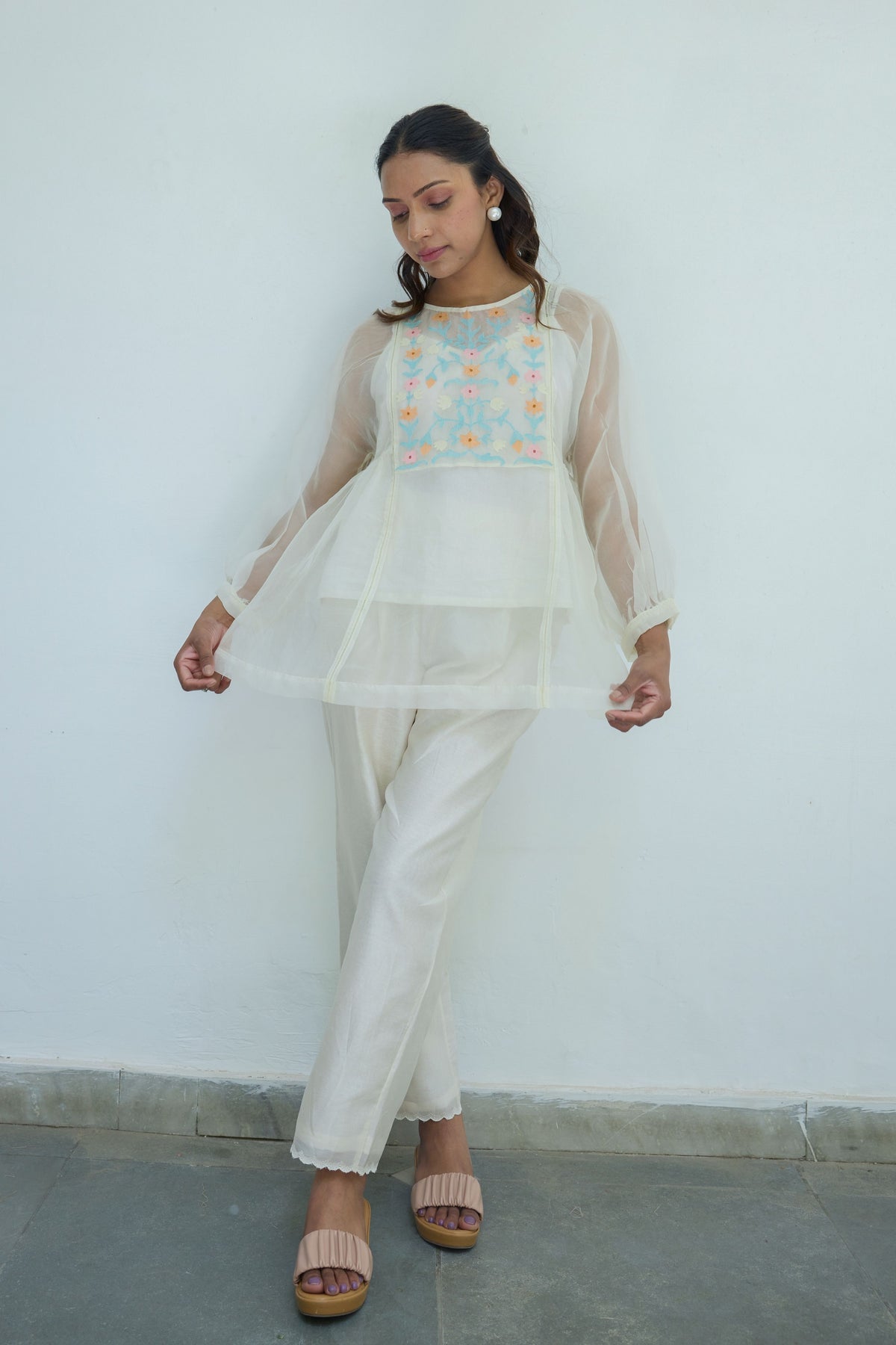 Embroidered Offwhite Silk Organza Top