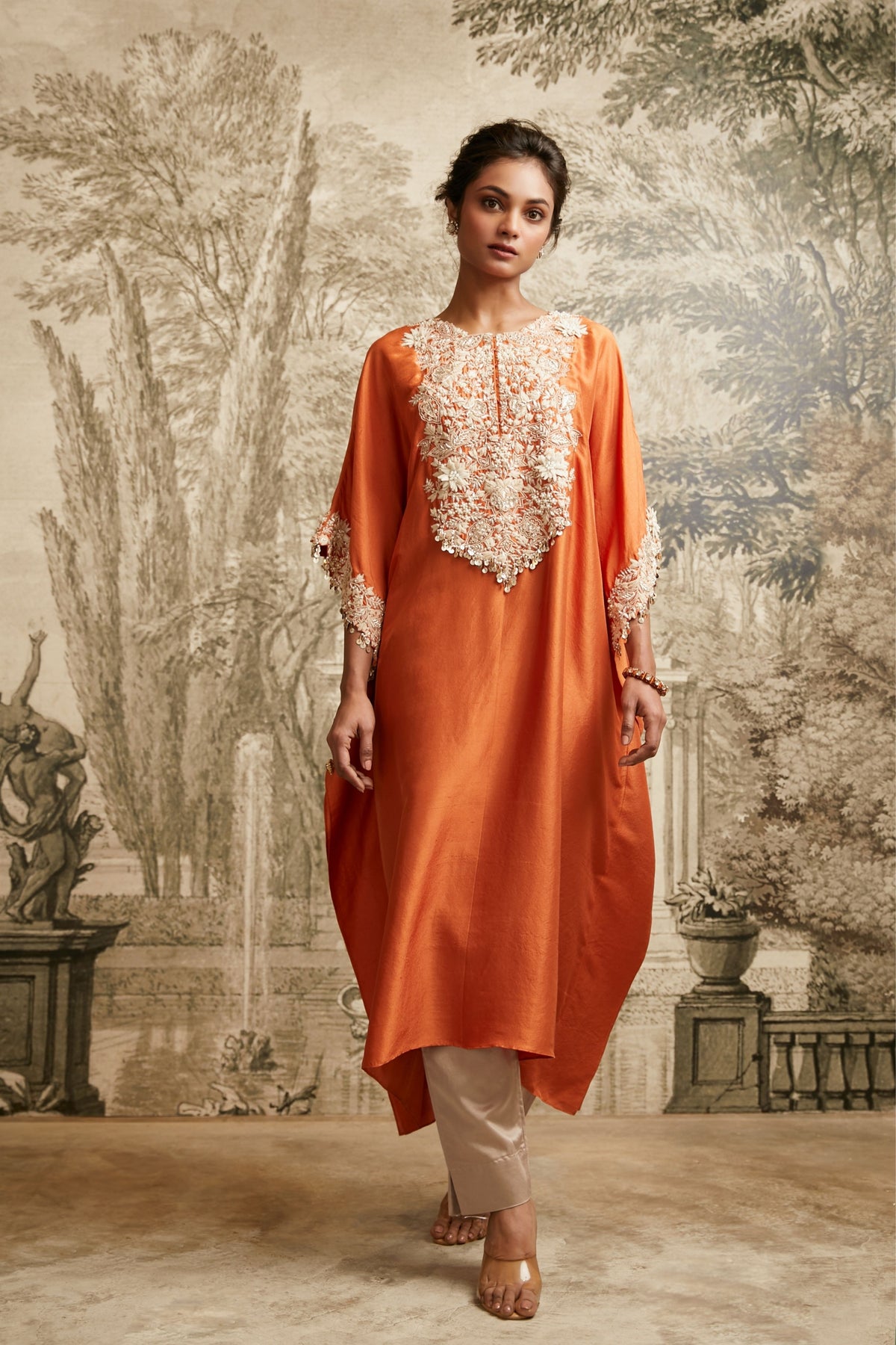 Rust Orange Silk Kaftan Set