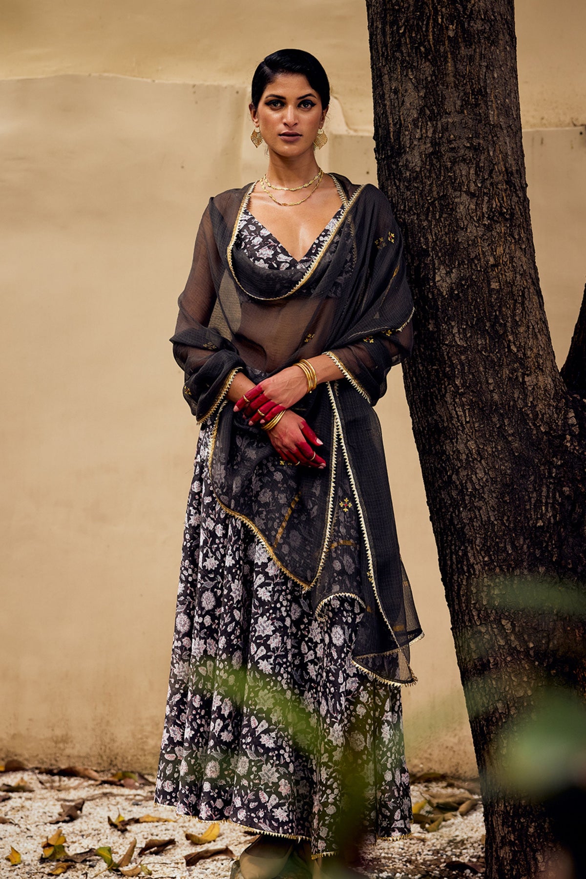 Damak Sharara Set in Charcoal