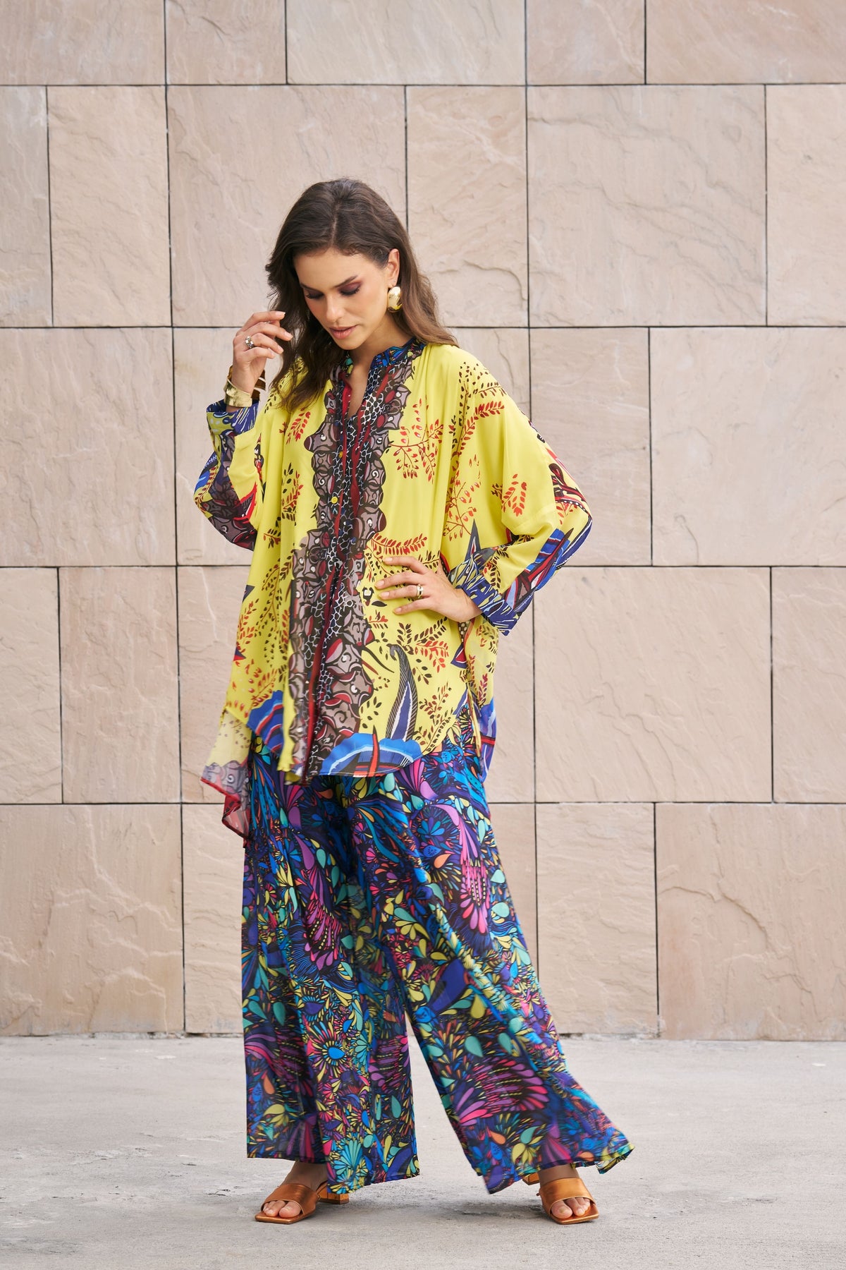 Printed Long Top With Wide Leg Pants