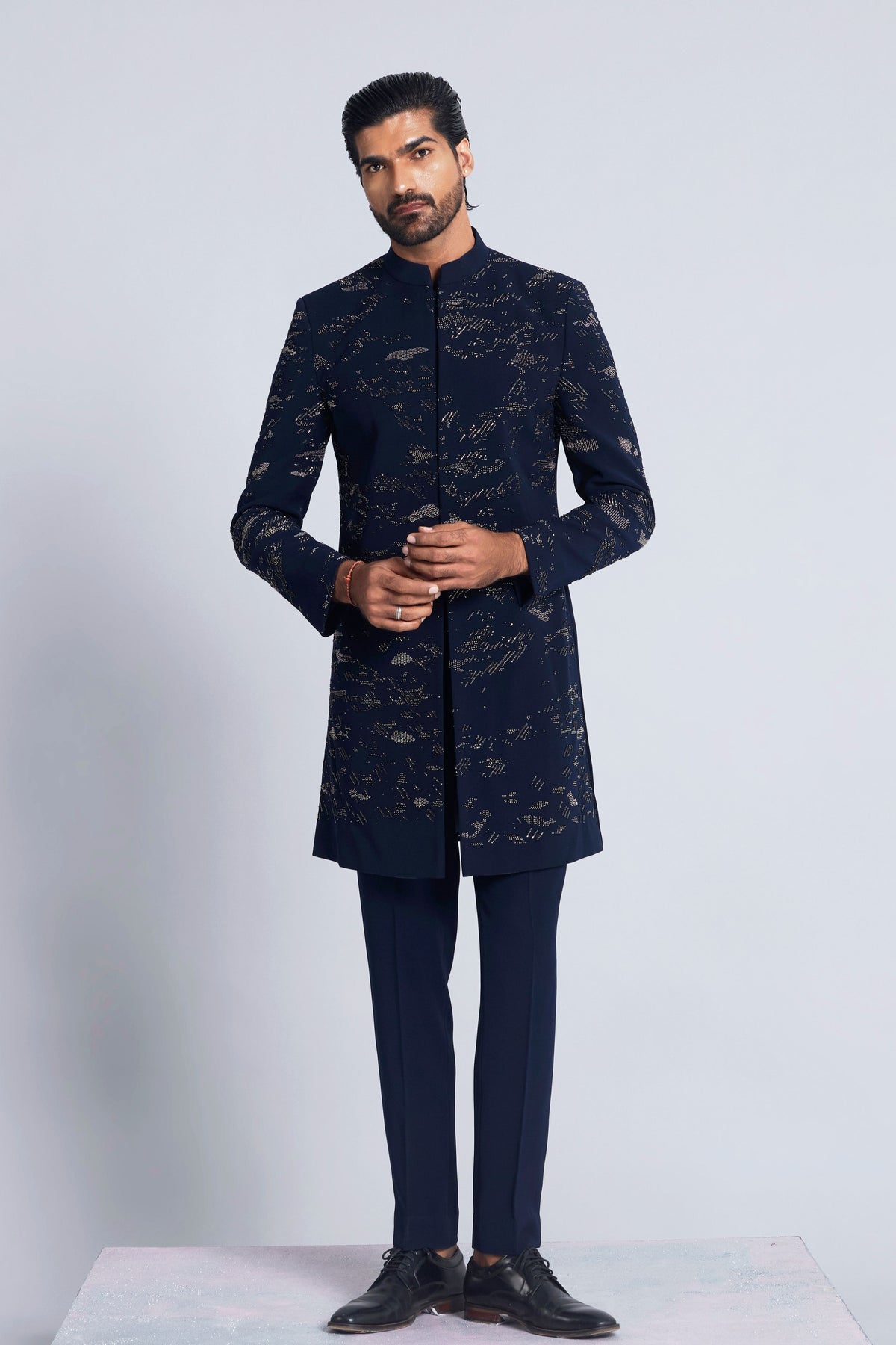 Navy Blue Pearl Indo Western Sherwani Set