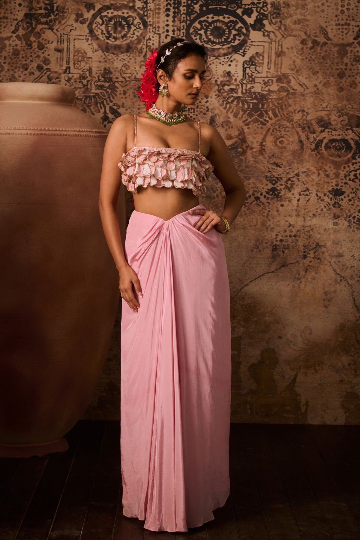 Pink Embroidered Top With Pink Drape Skirt