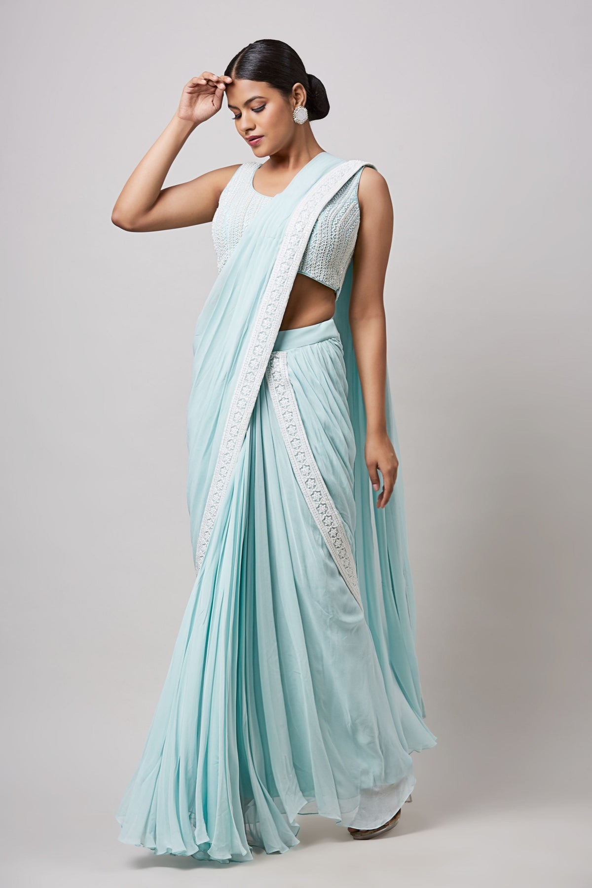 Sea Green Pre Drape Saree