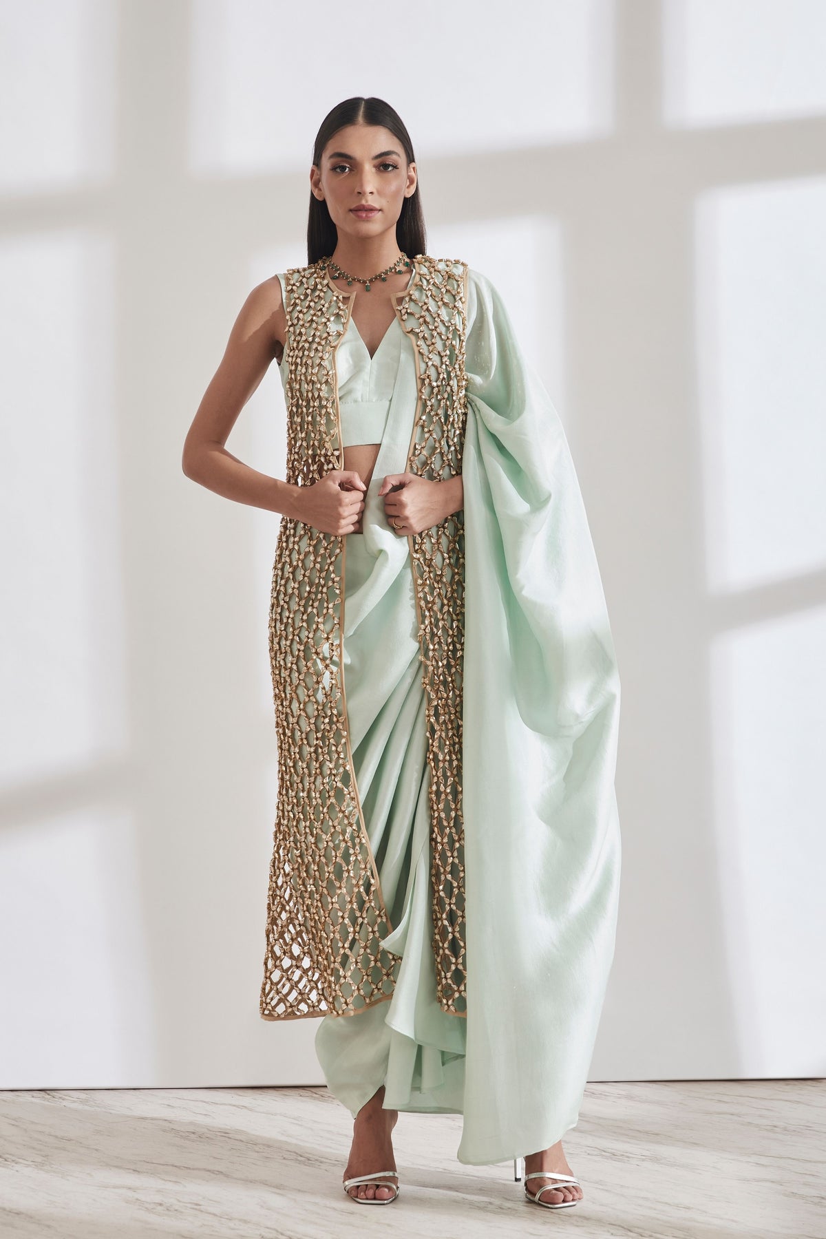 Masai Godet Mint &amp; Gold Sari