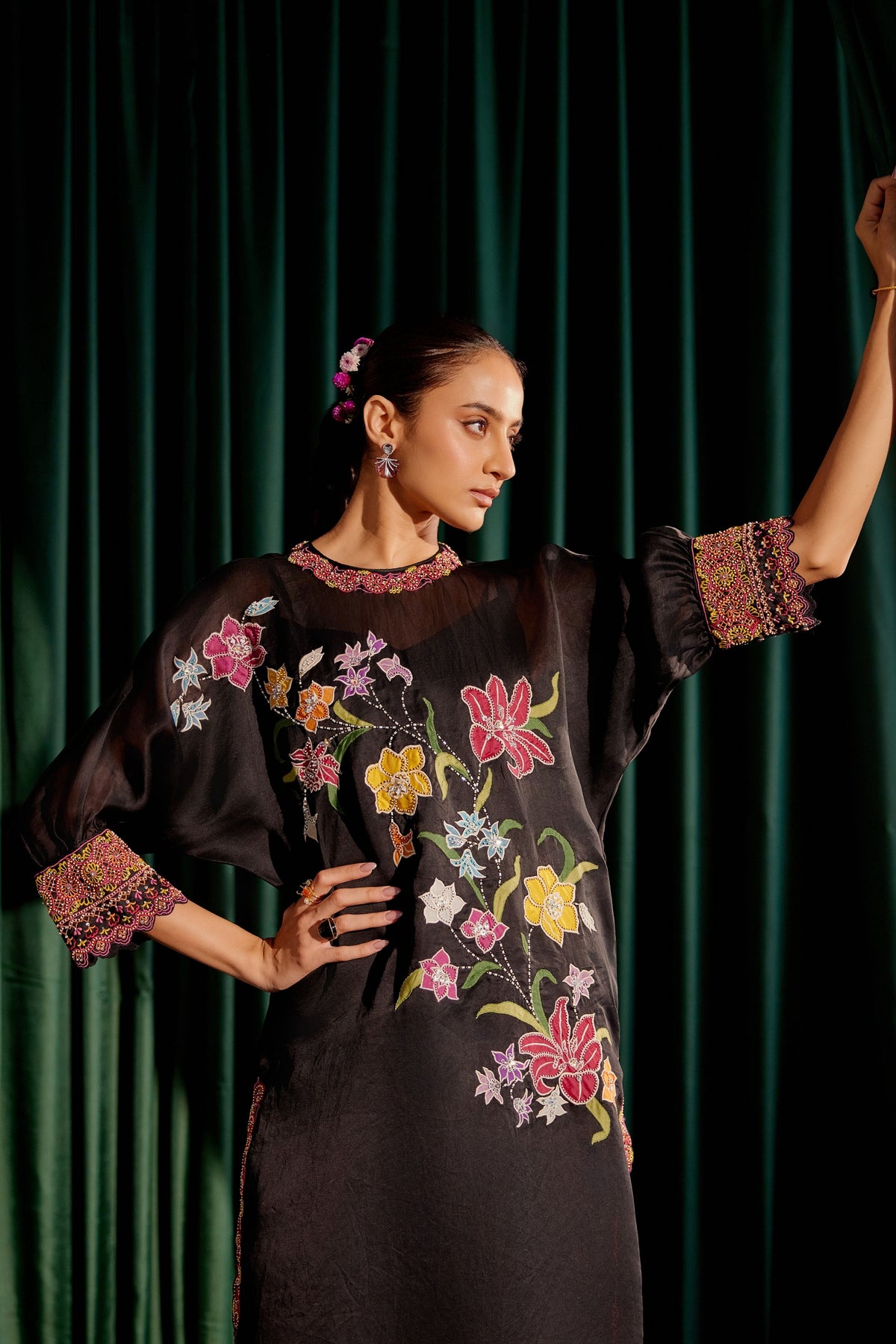 Black Floral Applique Kimono Kurta Set