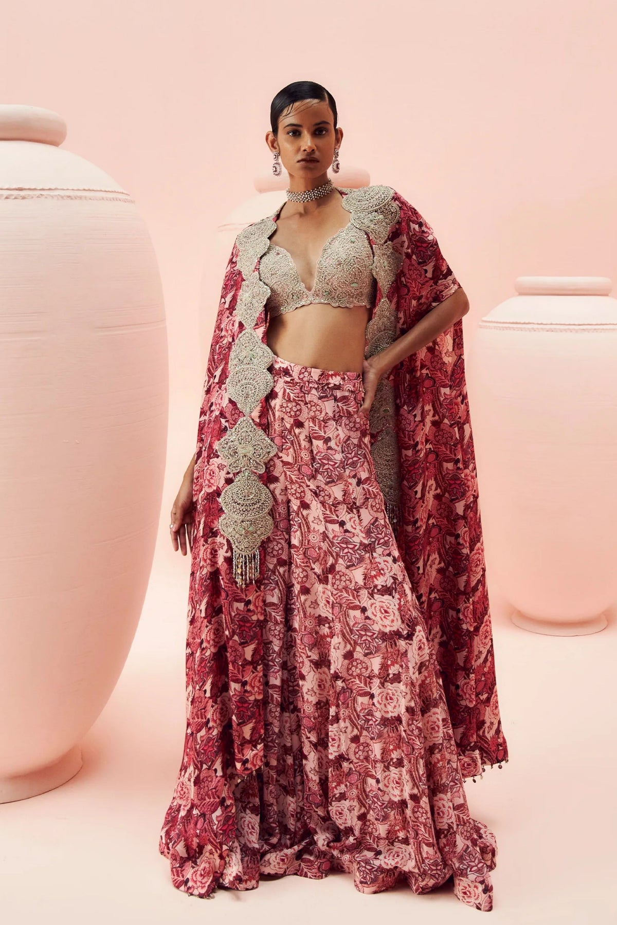 Blush Pink Abstract Floral Pants And Cape Set