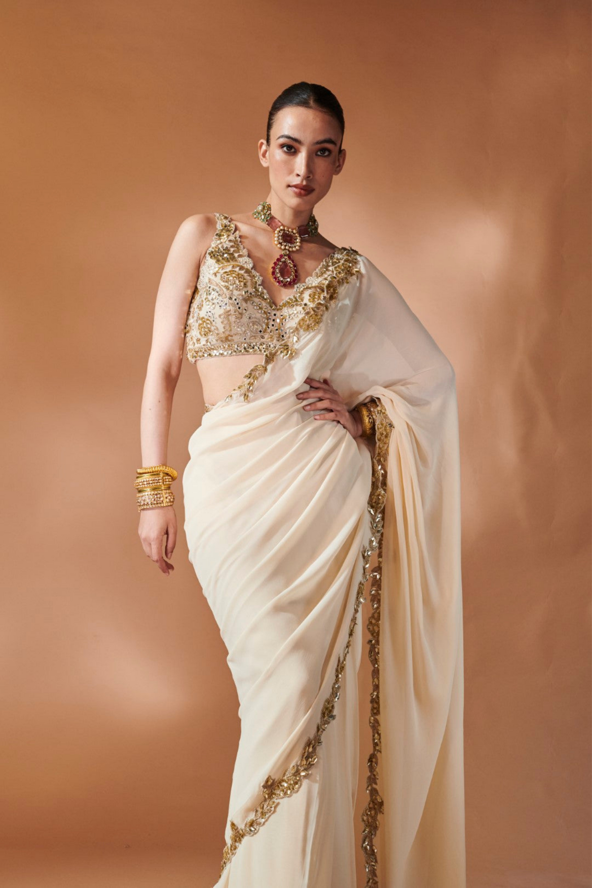 Ivory And Gold Saree Set