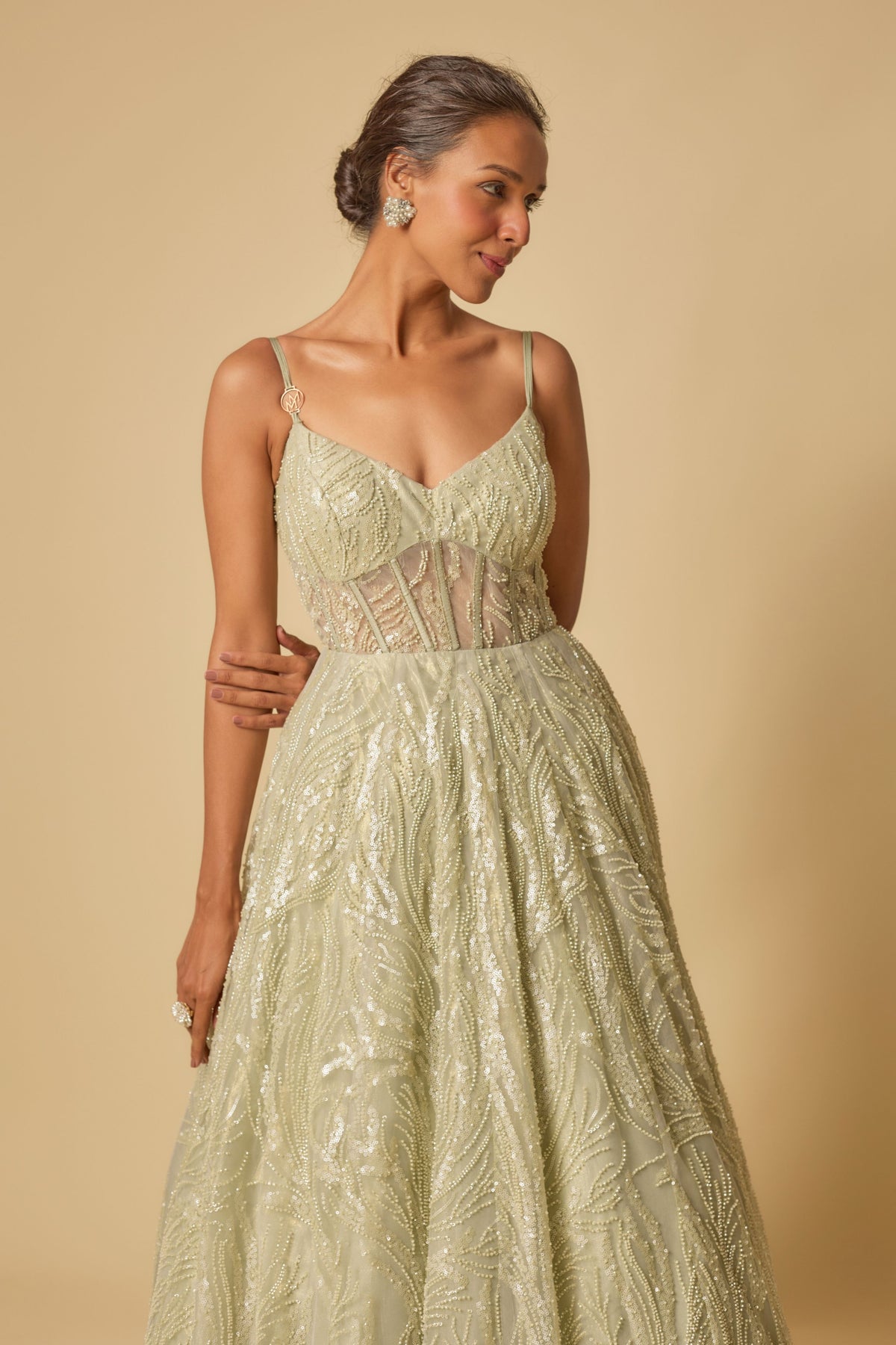 Sage Green Embroidered Gown set